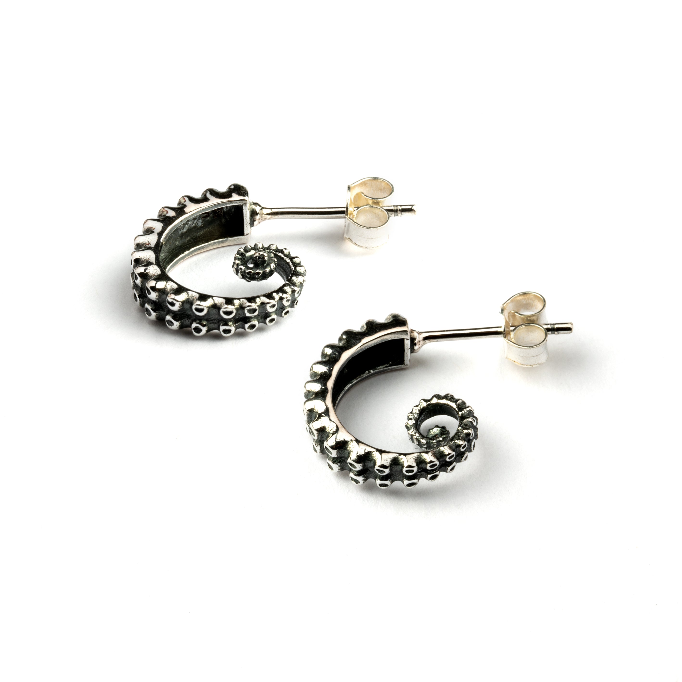 Octopus silver open hoop earrings front side view