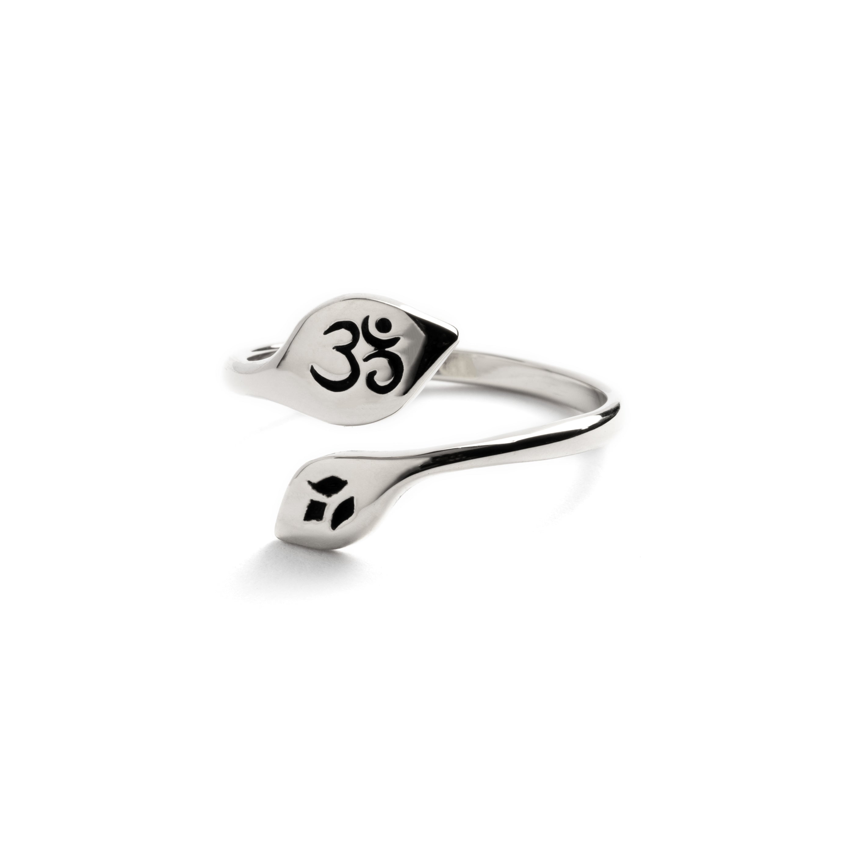 Silver Om and Leaf Ring frontal view