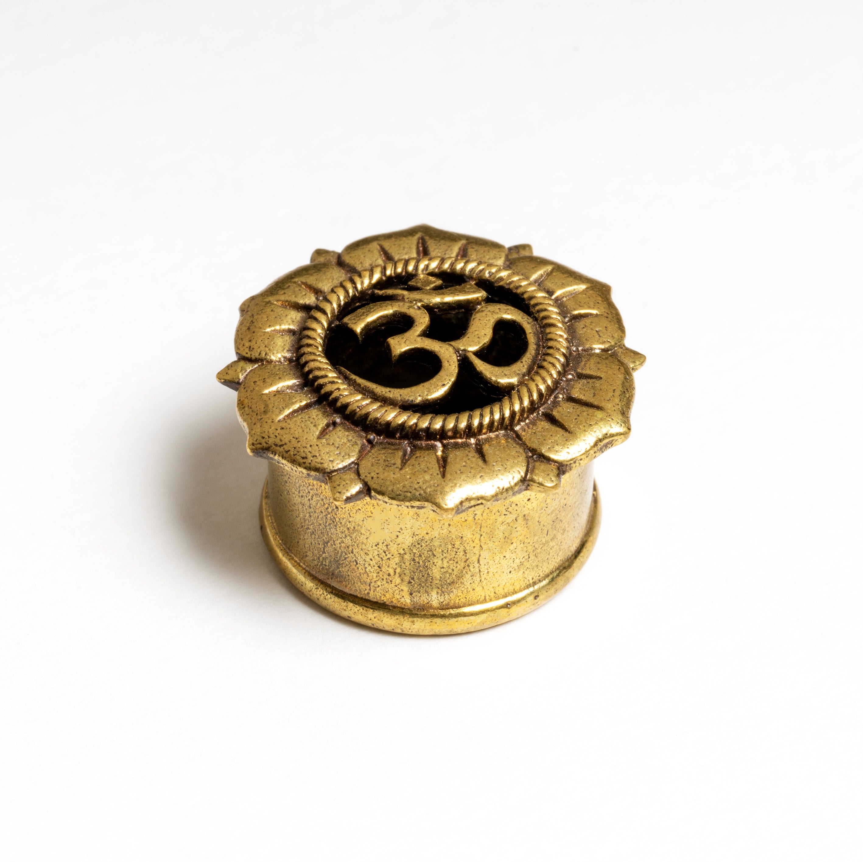 Om Lotus Flower Brass Ear Plug frontal view