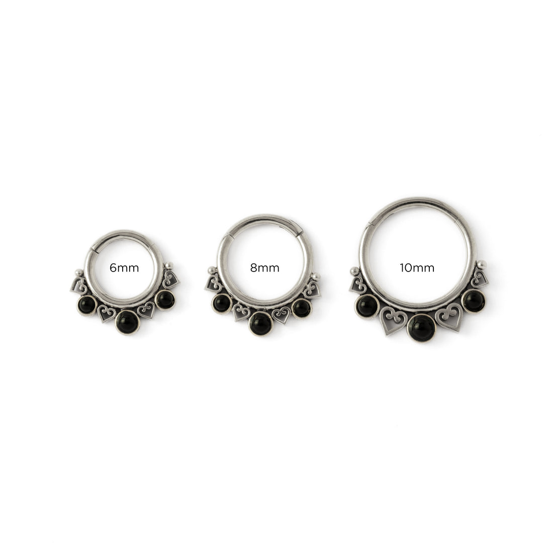 6mm, 8mm &amp; 10mm neptune septum clickers with trio black onyx frontal view