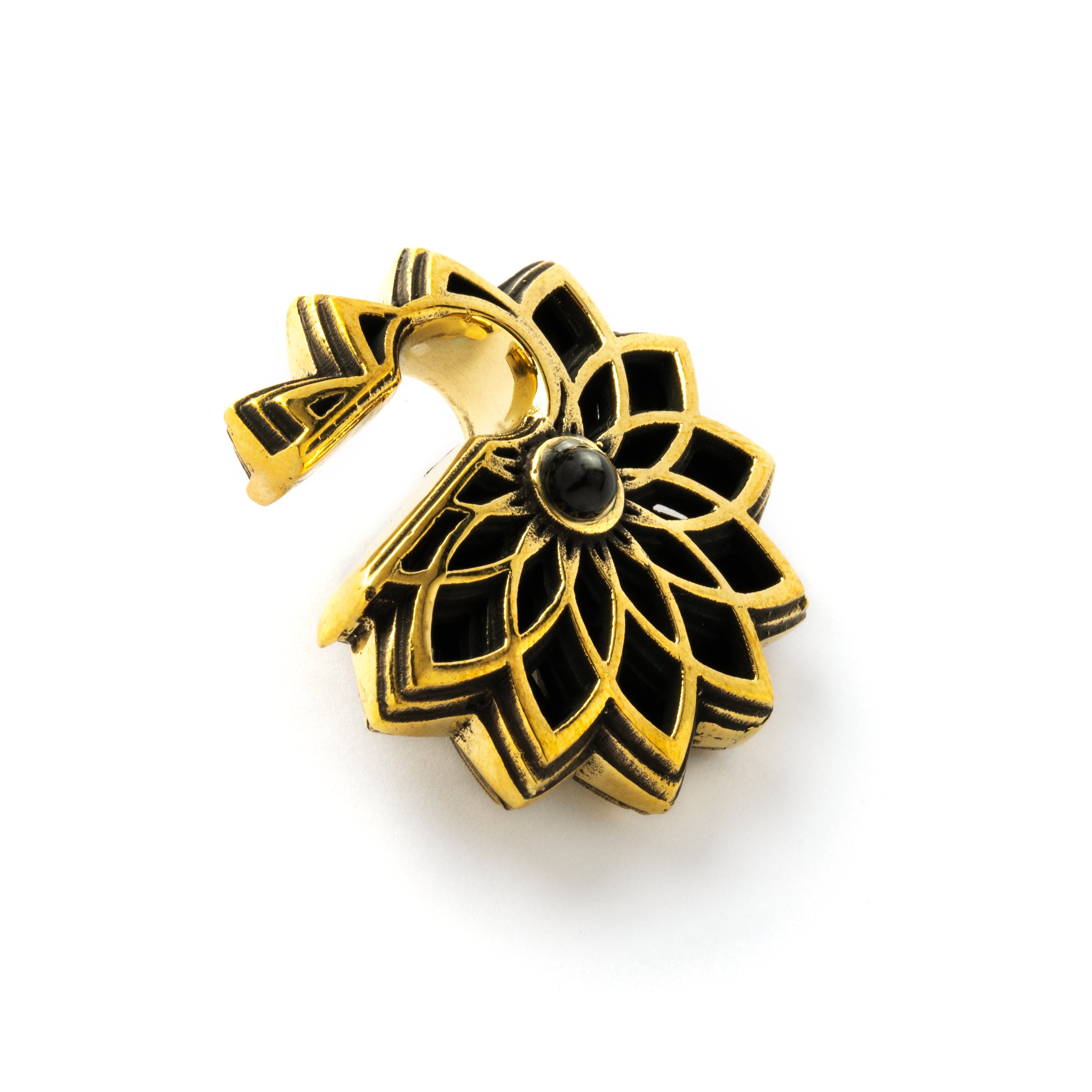 single antique gold colour geometric flower ear weights hangers with black onyx side view