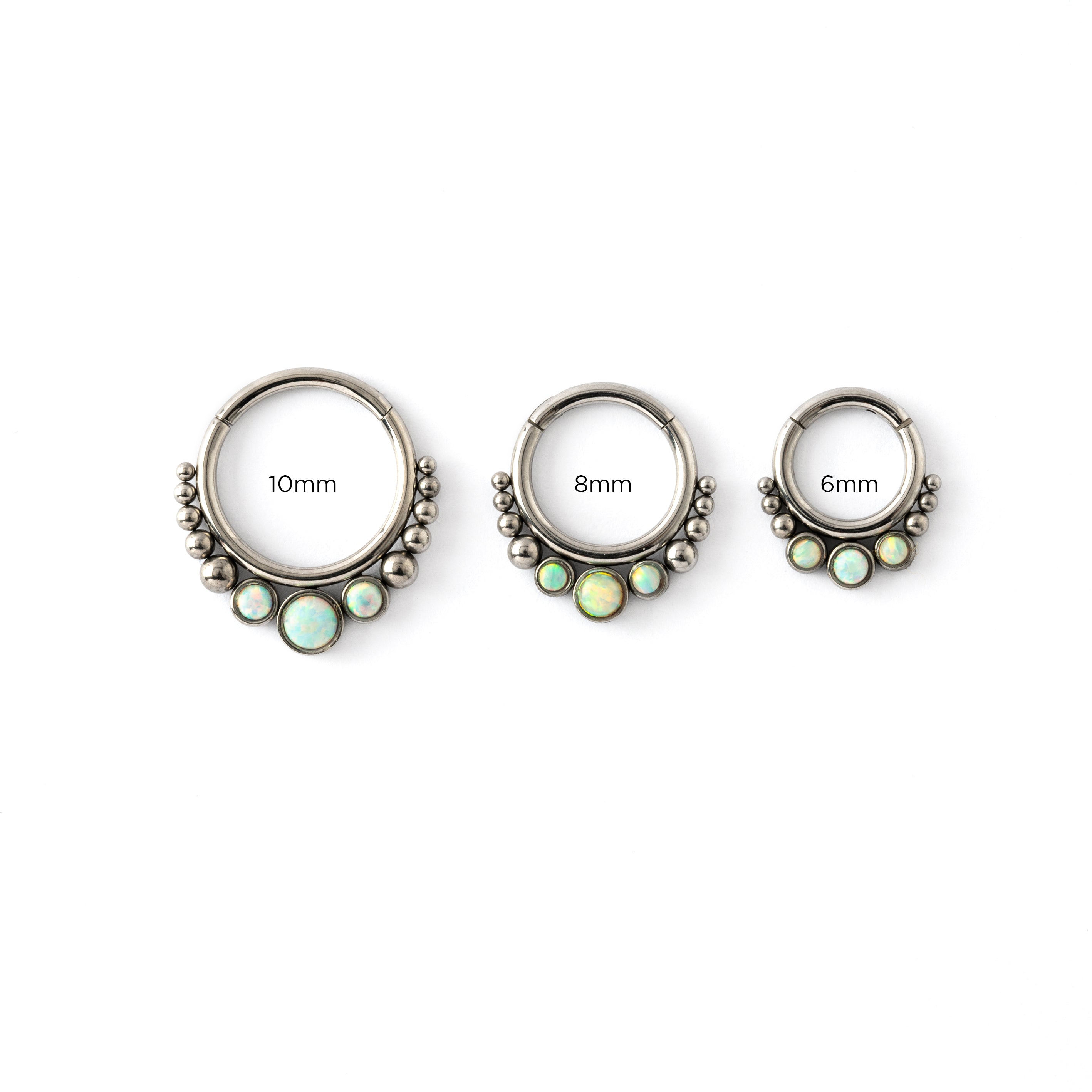 6mm, 8mm & 10mm Surgical steel septum clicker rings with Opal frontal view