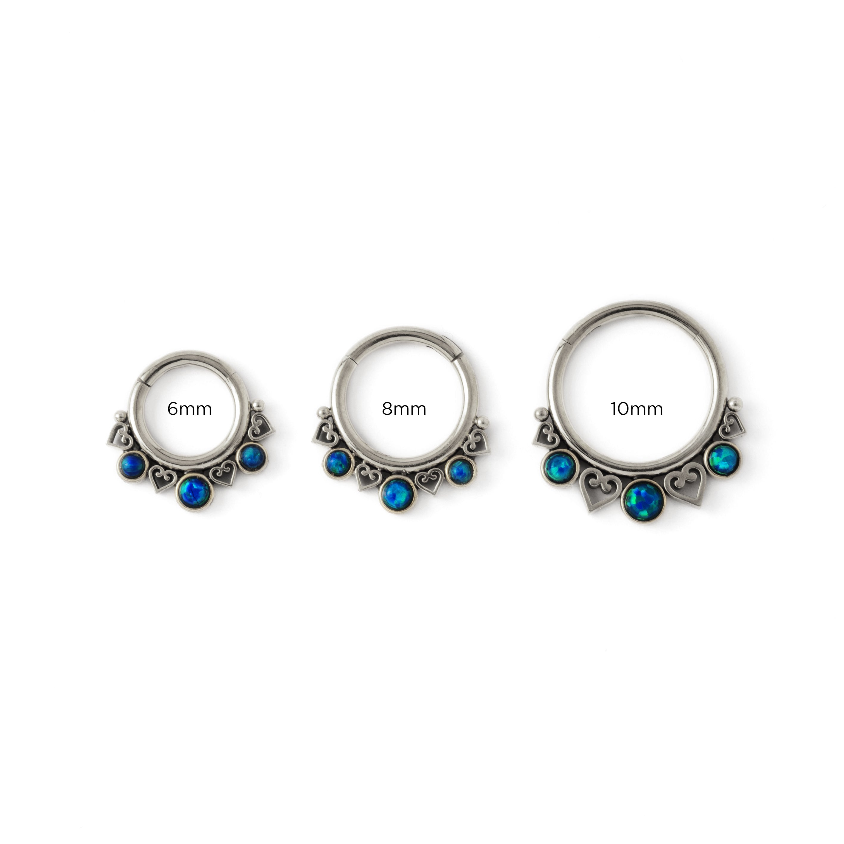 6mm, 8mm, 10mm Neptune Septum Clickers with Opal frontal view