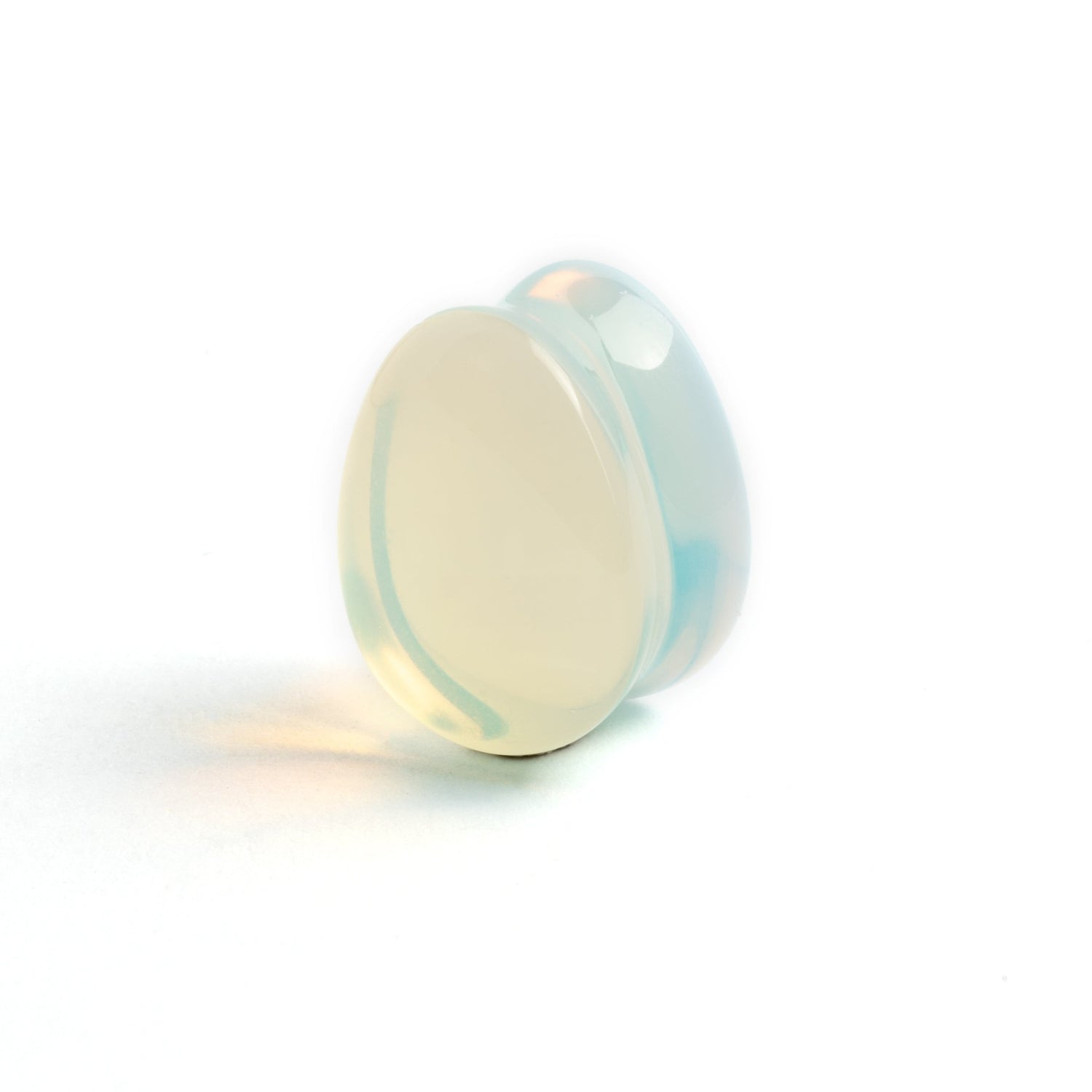 single Opalite teardrop ear plug front right side view
