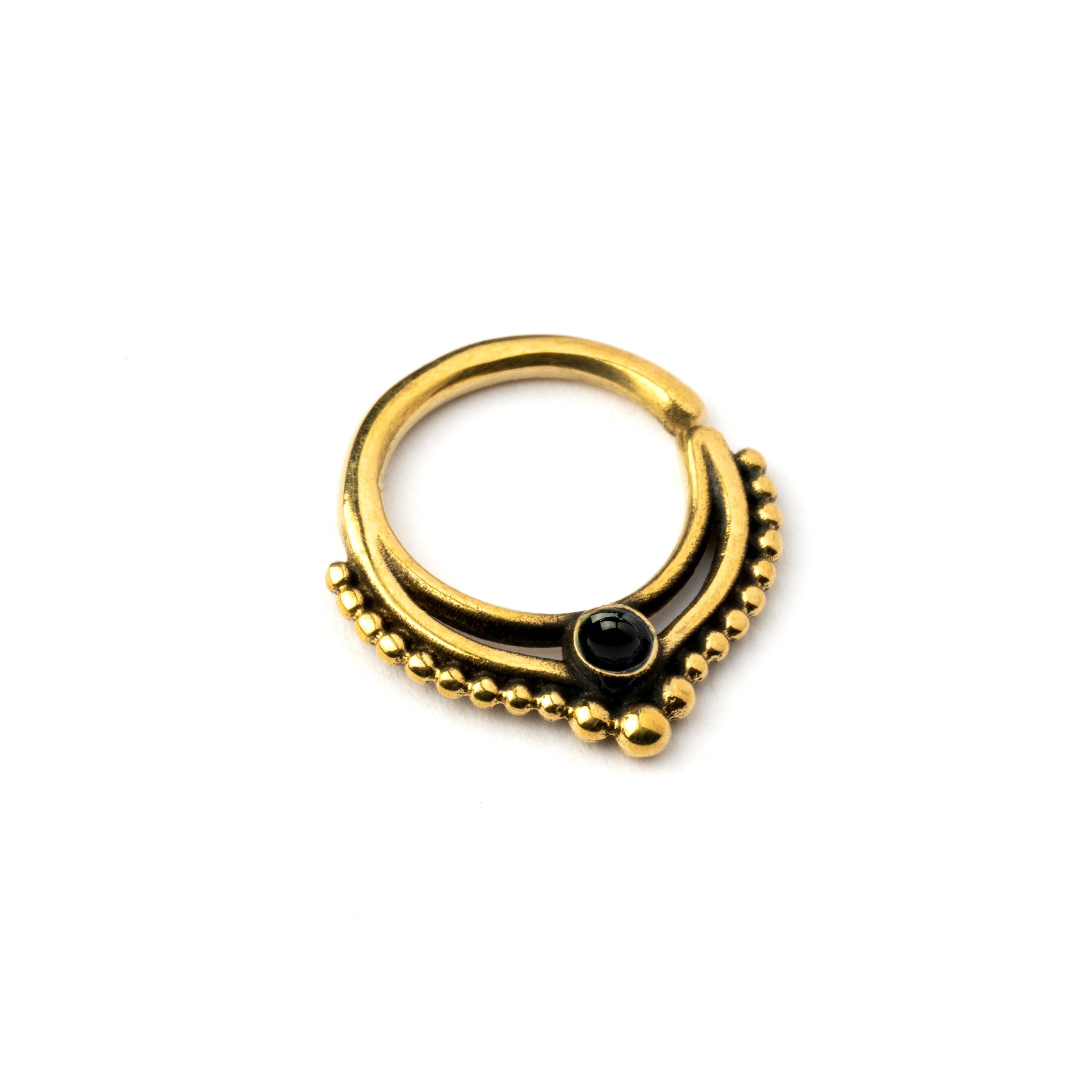 golden brass teardrop Deva septum ring with Black Onyx right side view