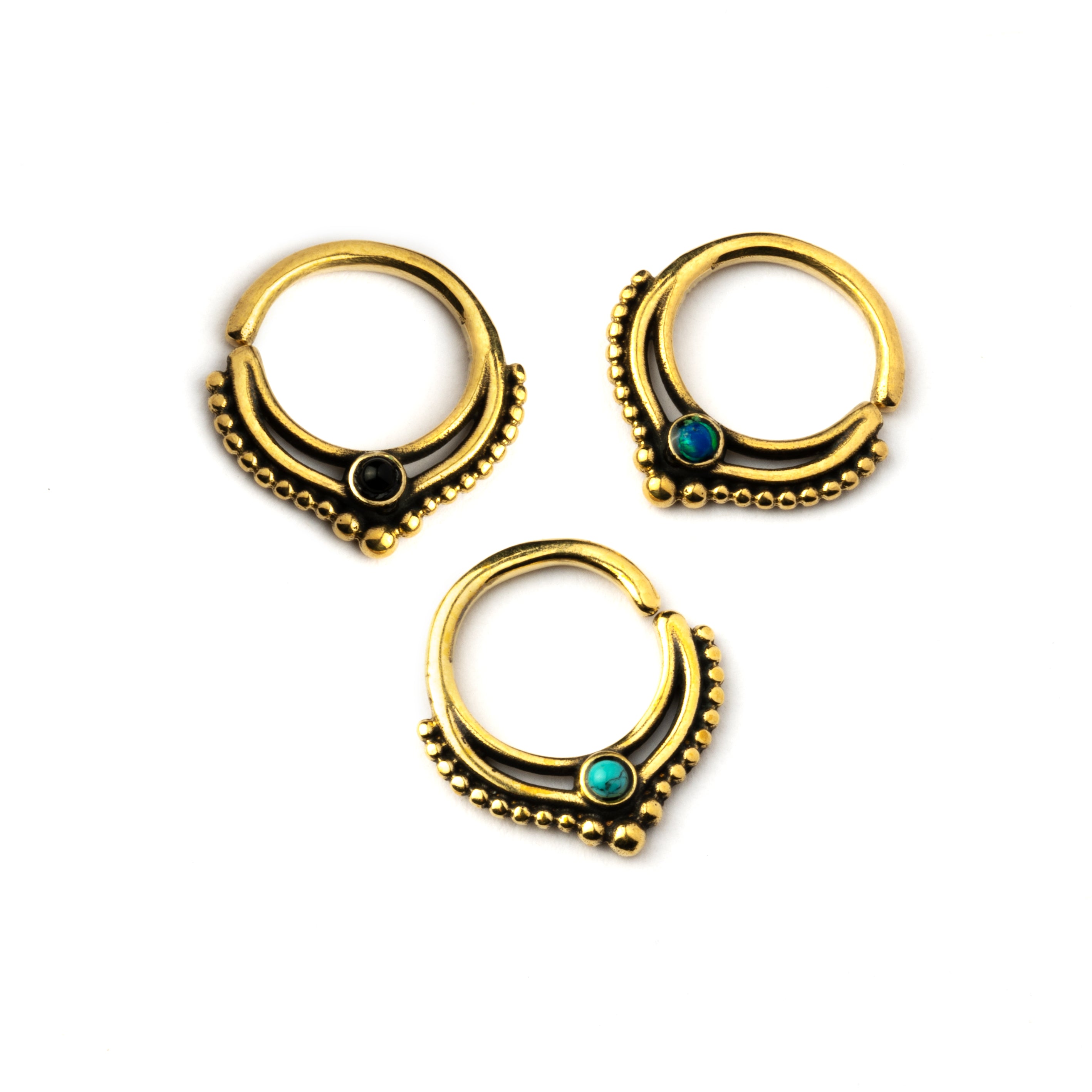 golden brass teardrop Deva septum rings with Opal, Onyx, Turquoise frontal view