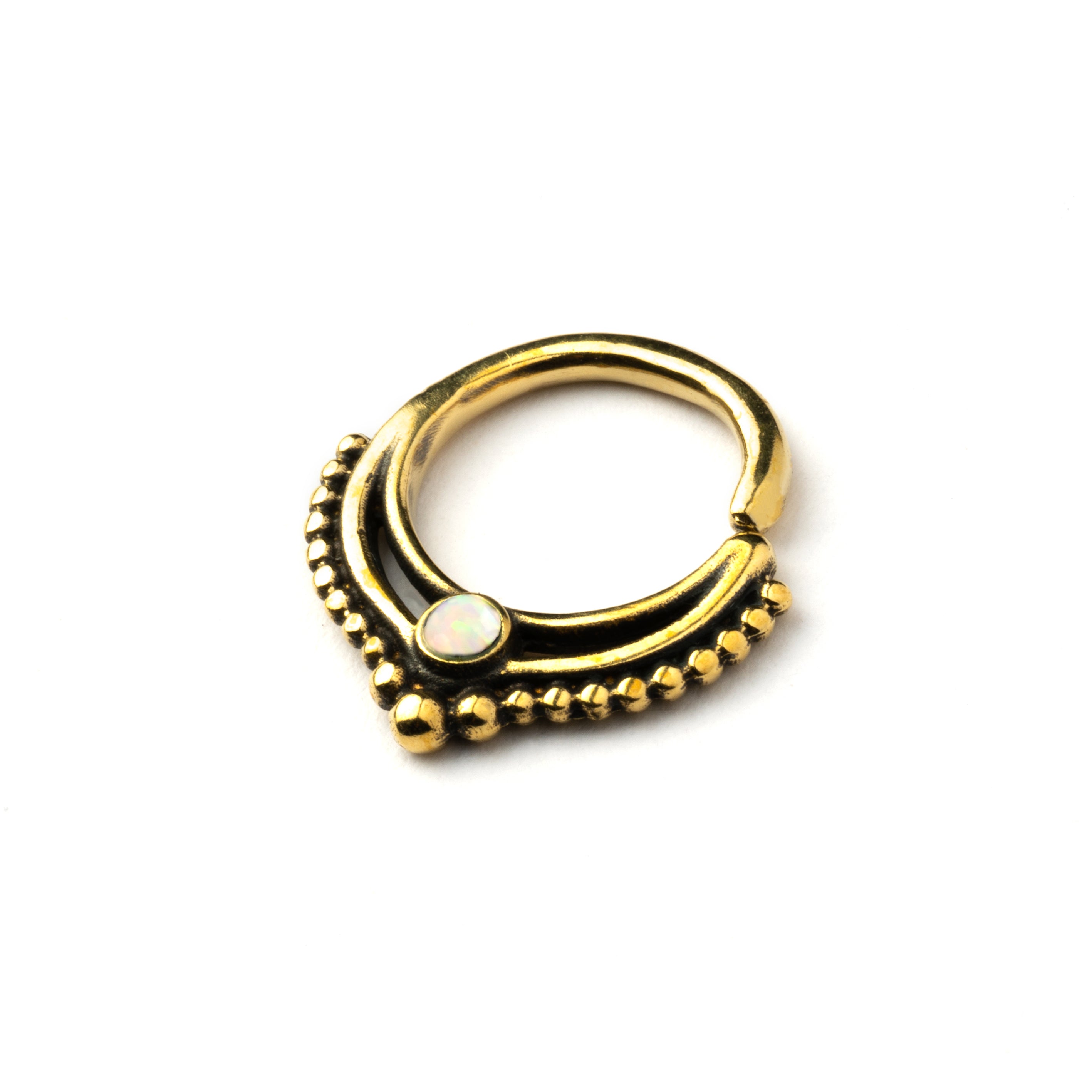golden brass teardrop Deva septum ring with white opal right side view