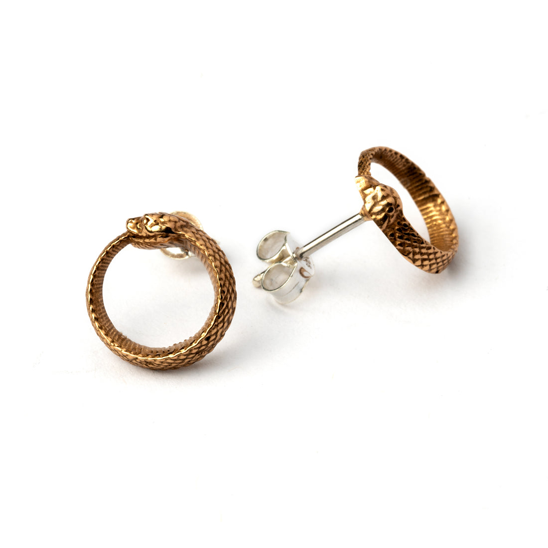 Ouroboros snake Bronze Ear Studs front and back view