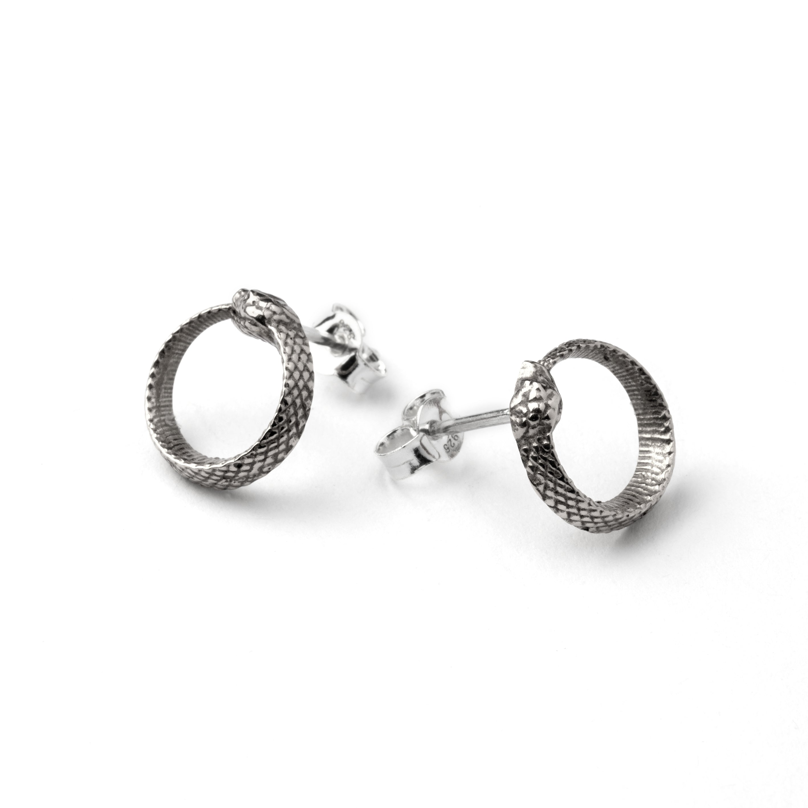 Ouroboros Silver Ear Studs front and back view