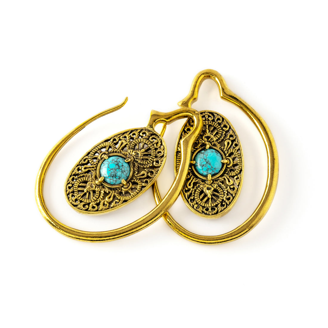 pair of golden large ear weights hangers oval shaped with intricate filigree pattern and turquoise
