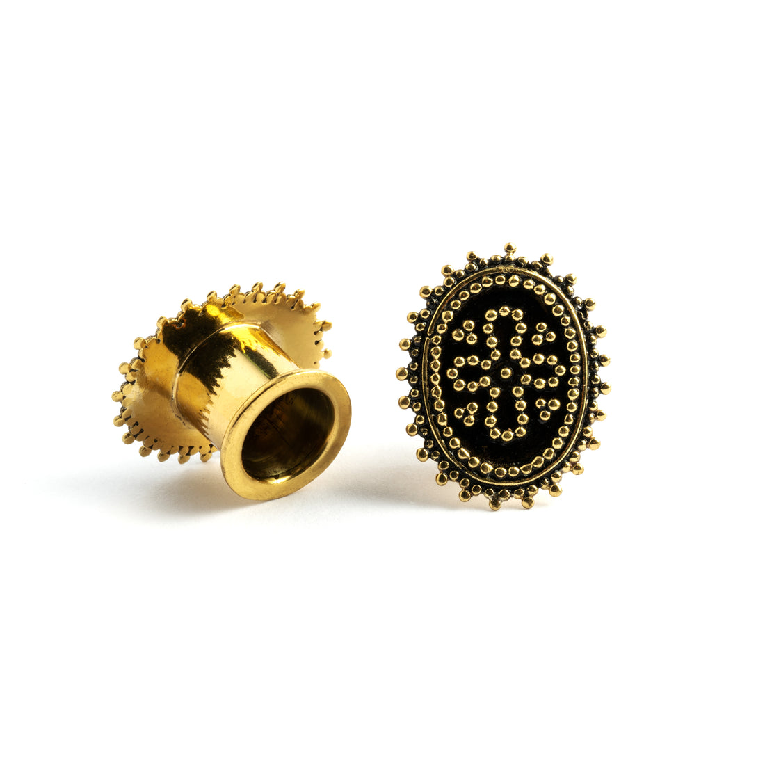 Oval Flower golden Brass plug earrings front and back view