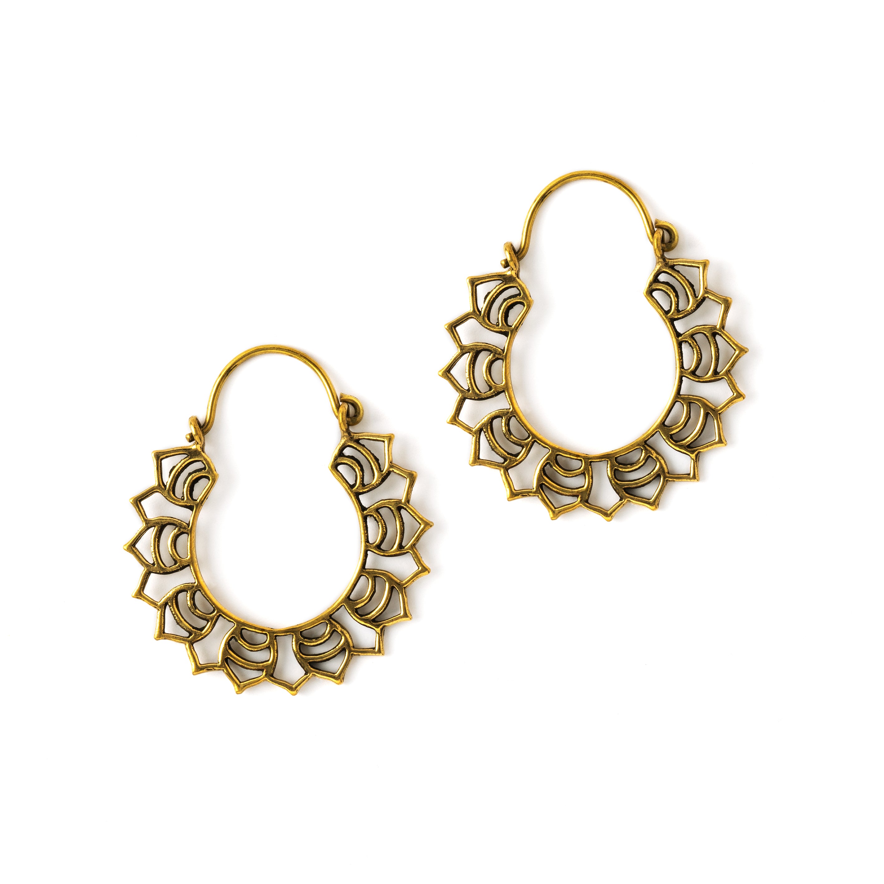 pair of golden brass open lotus flower hoop earrings frontal view