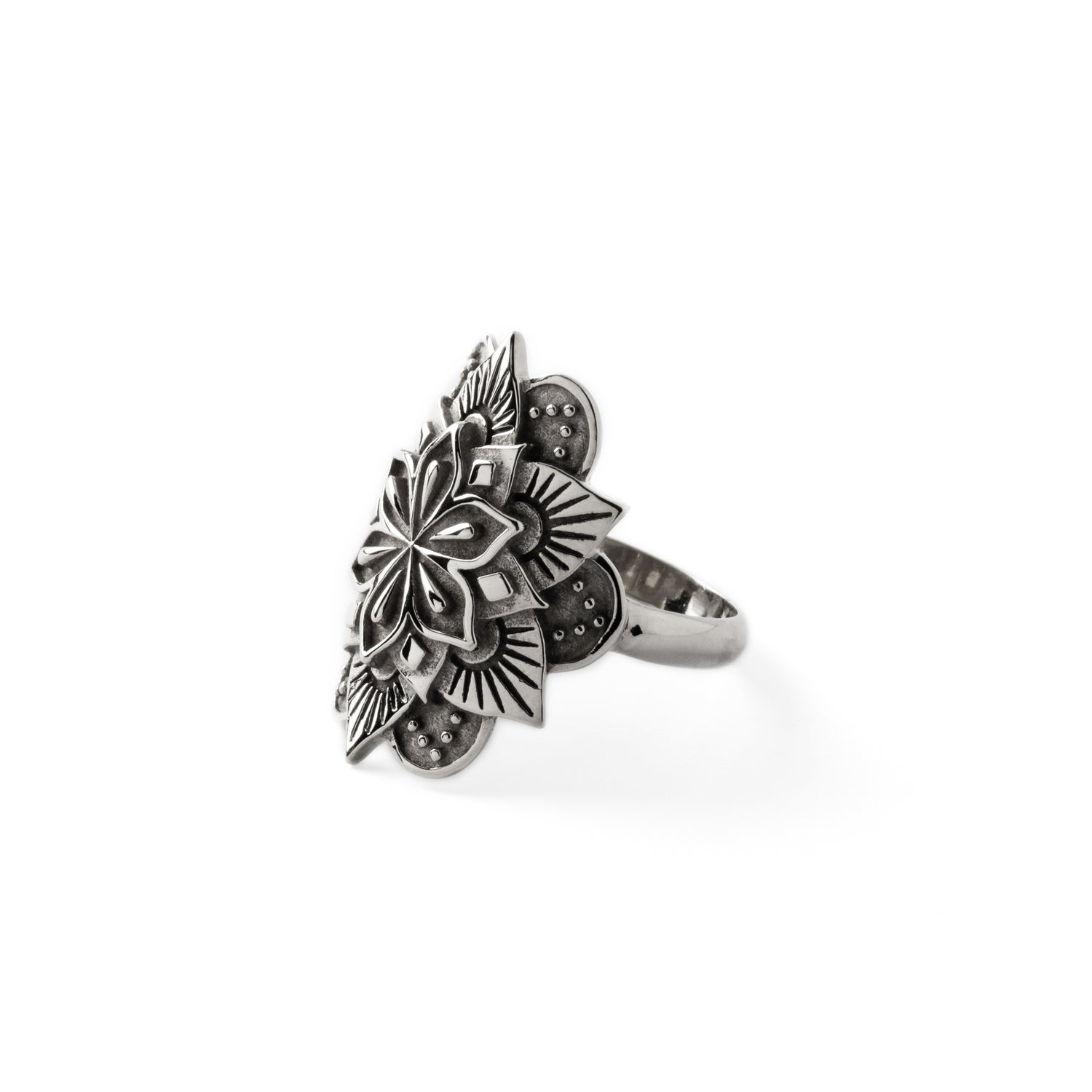 Silver Padma Mandala ring left side view