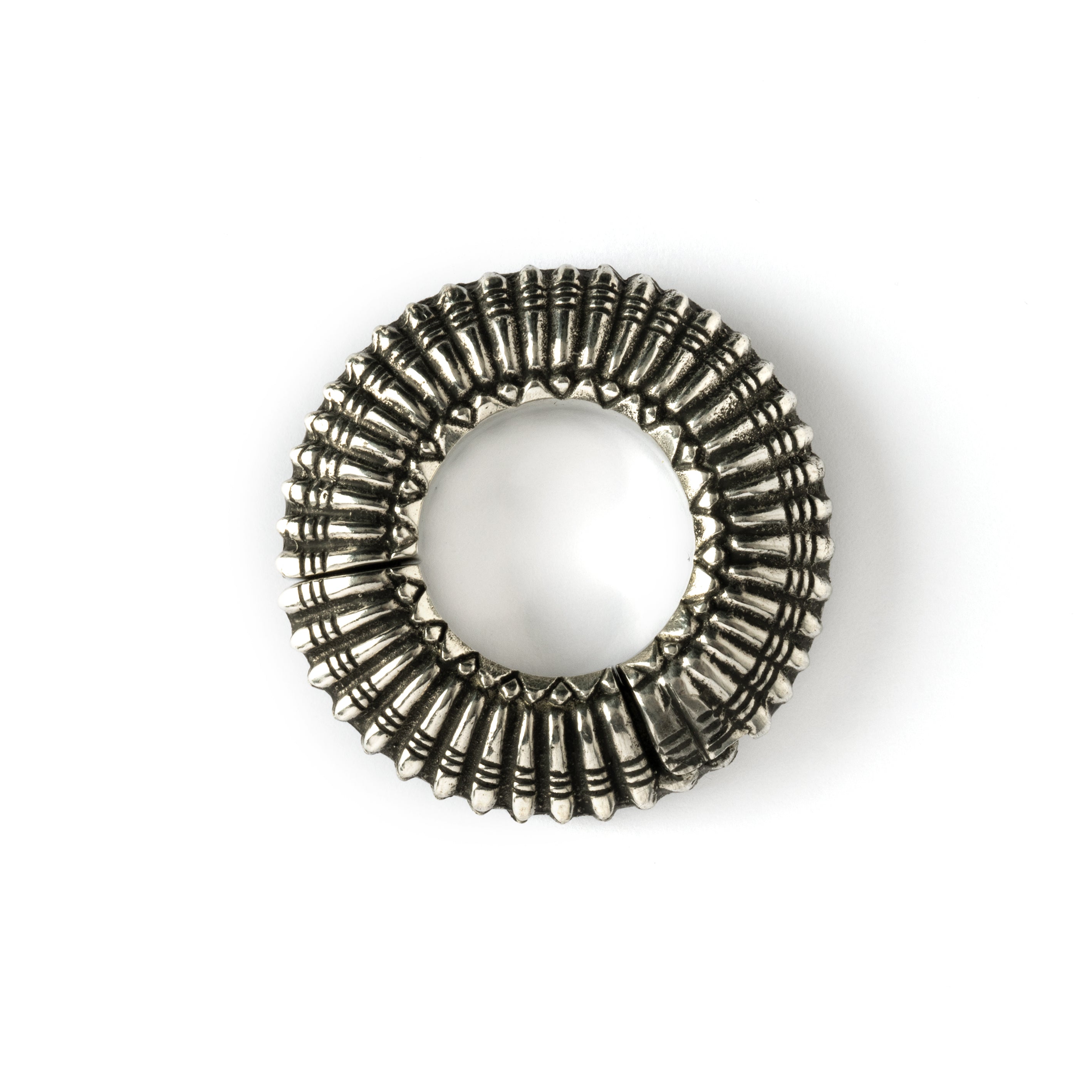 Silver colour ear weight hoop with carved lines frontal view