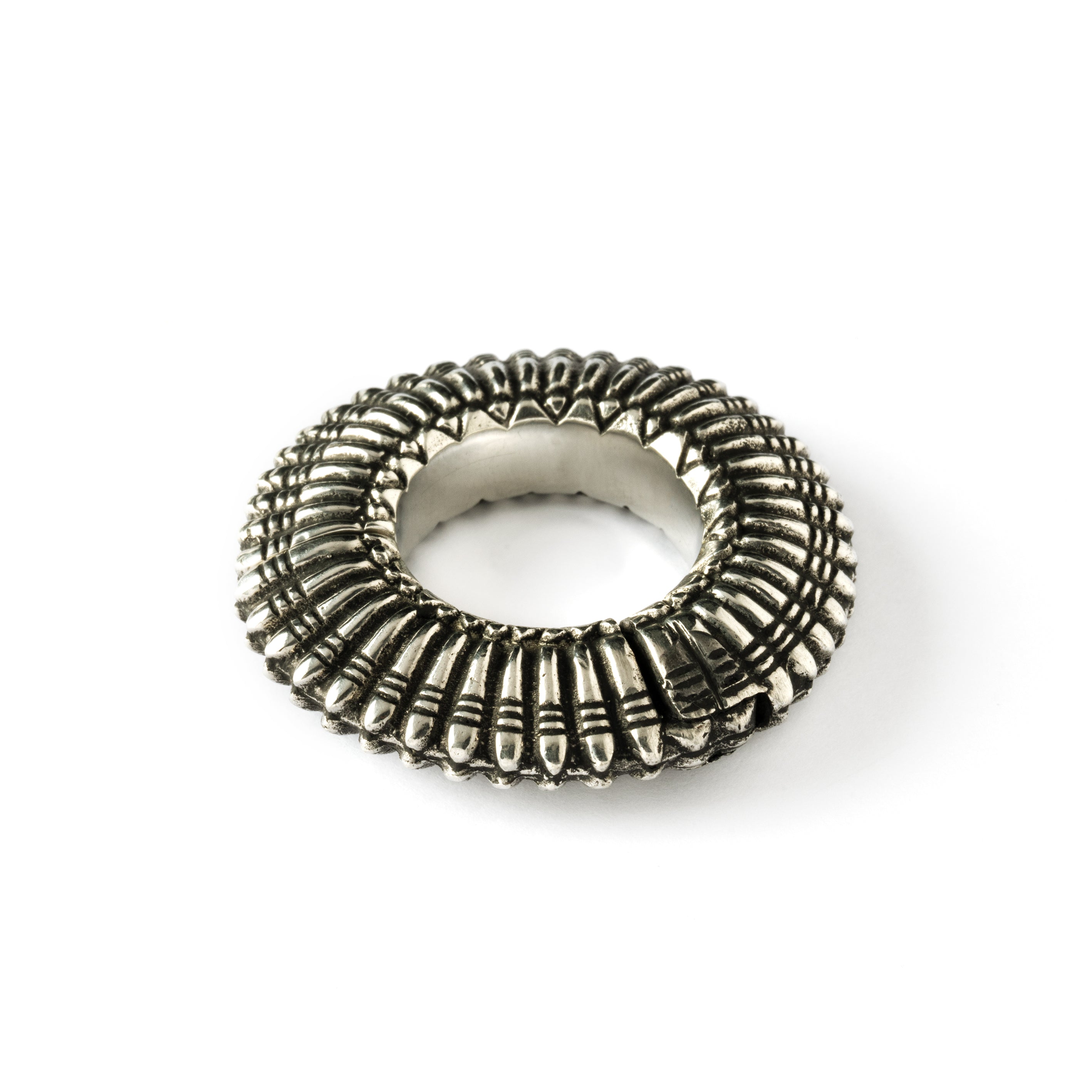 Silver colour ear weight hoop with carved lines down view