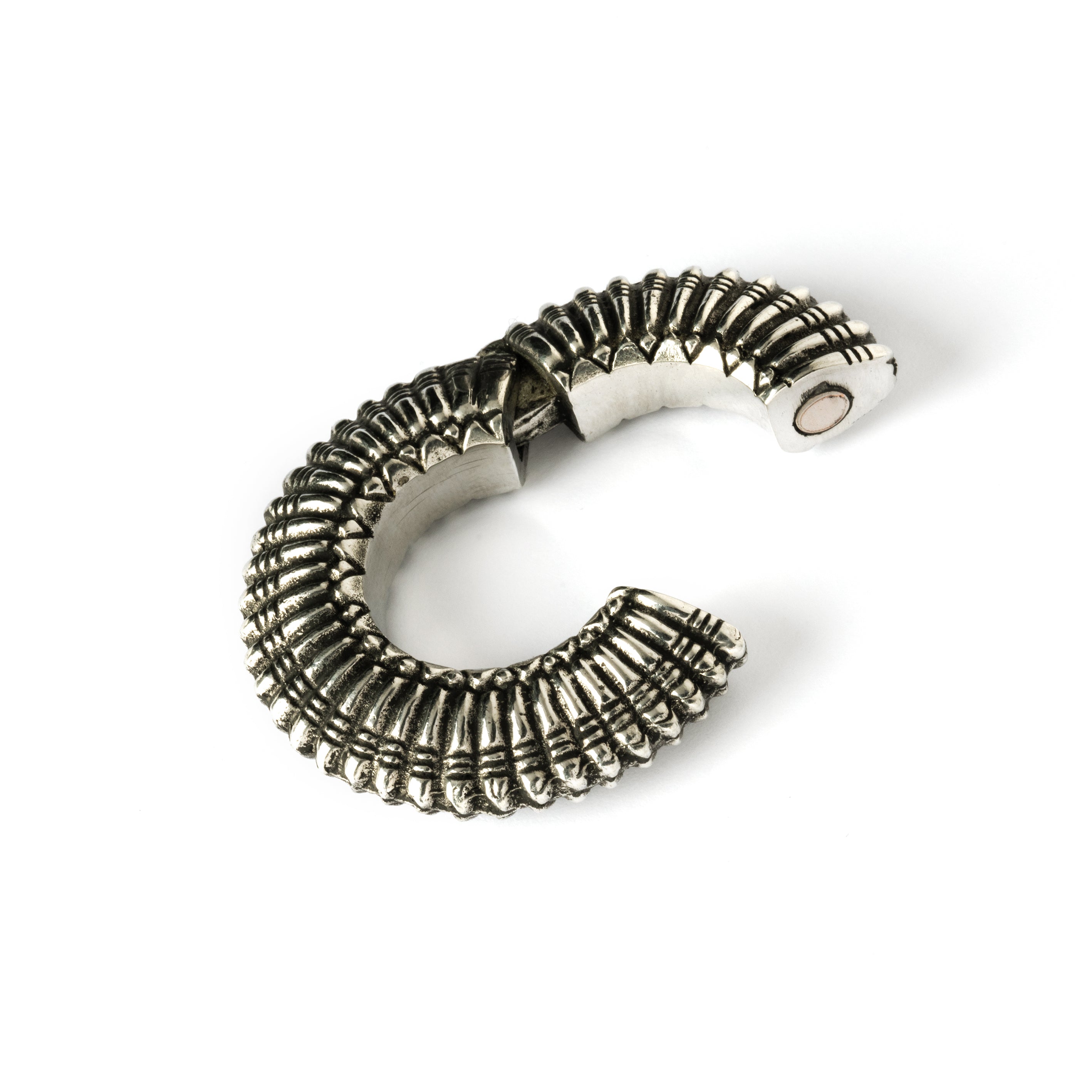 Silver colour ear weight hoop with carved lines magnetic locking system view