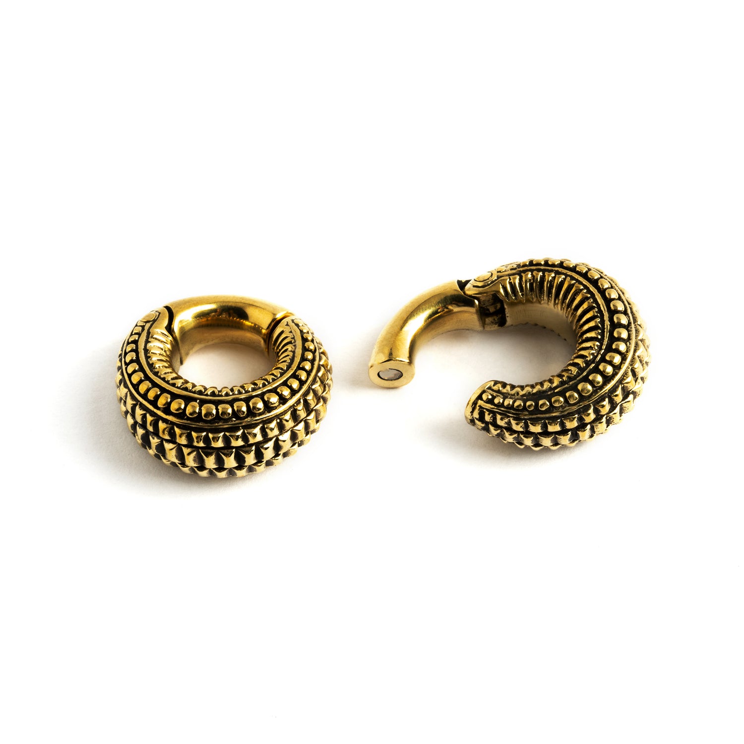 pair of 6g gold brass tribal ear weights hoops locking system view