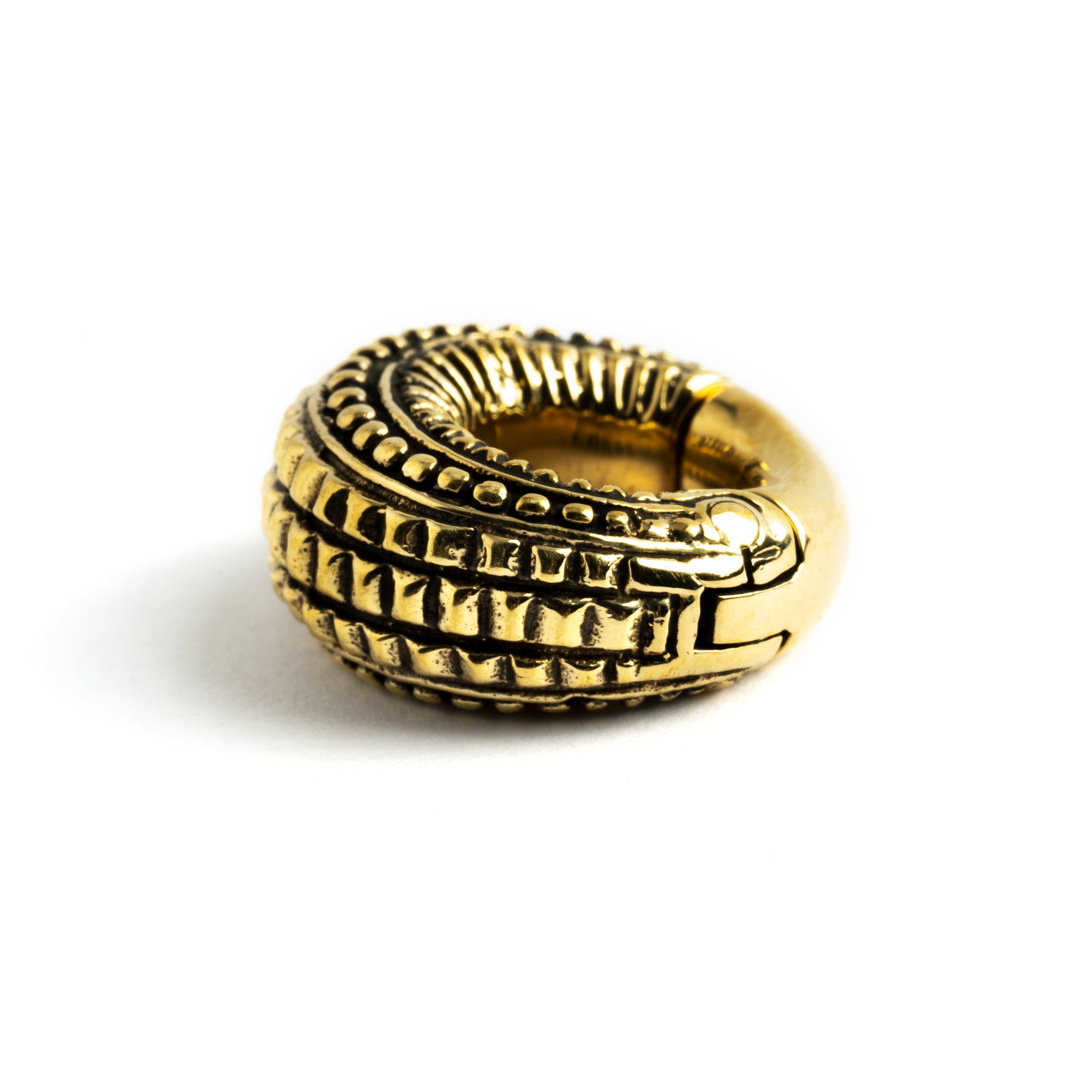 single 6g gold brass tribal ear weight hoop side close up view