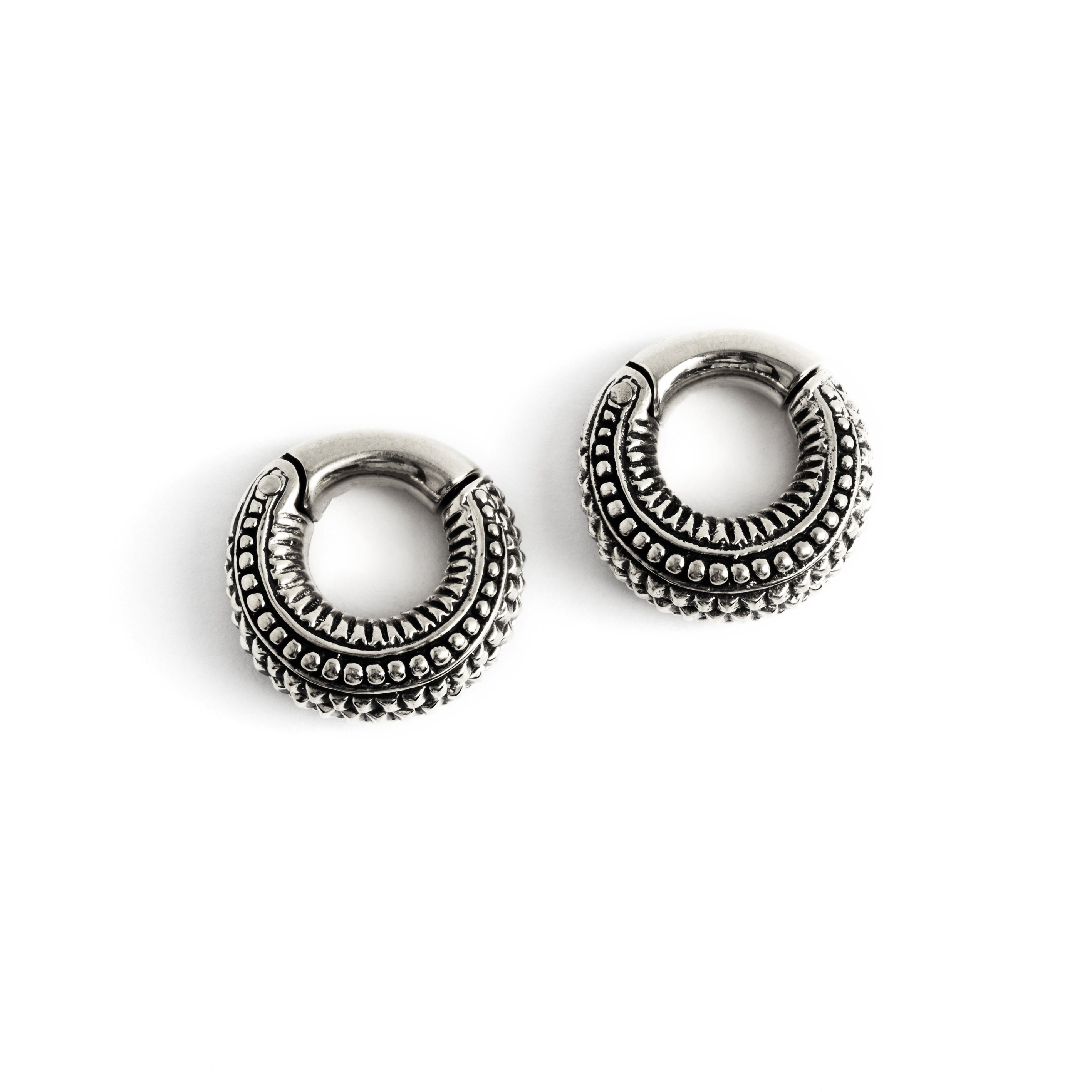 pair of 6g silver brass tribal ear weights hoops frontal view