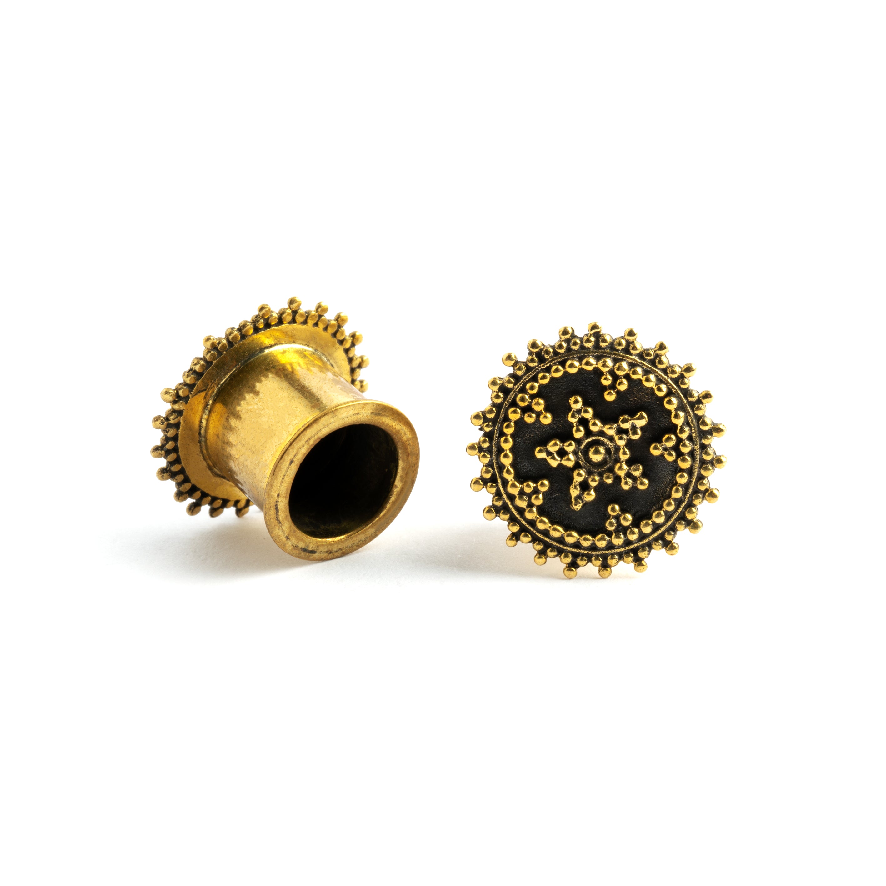 boho tribal golden brass plug earrings with star ornament back and front view