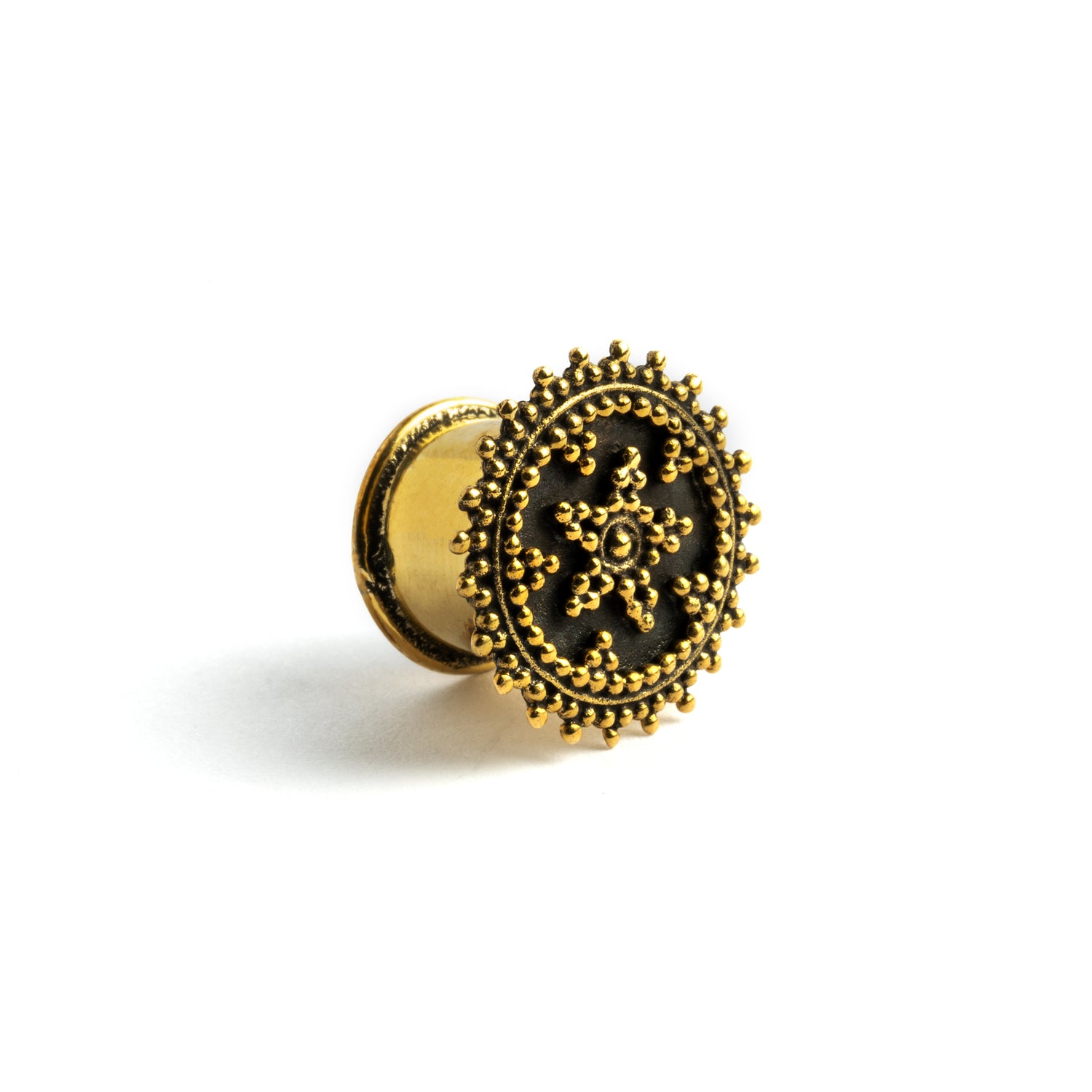 boho tribal golden brass plug earrings with star ornament right side view