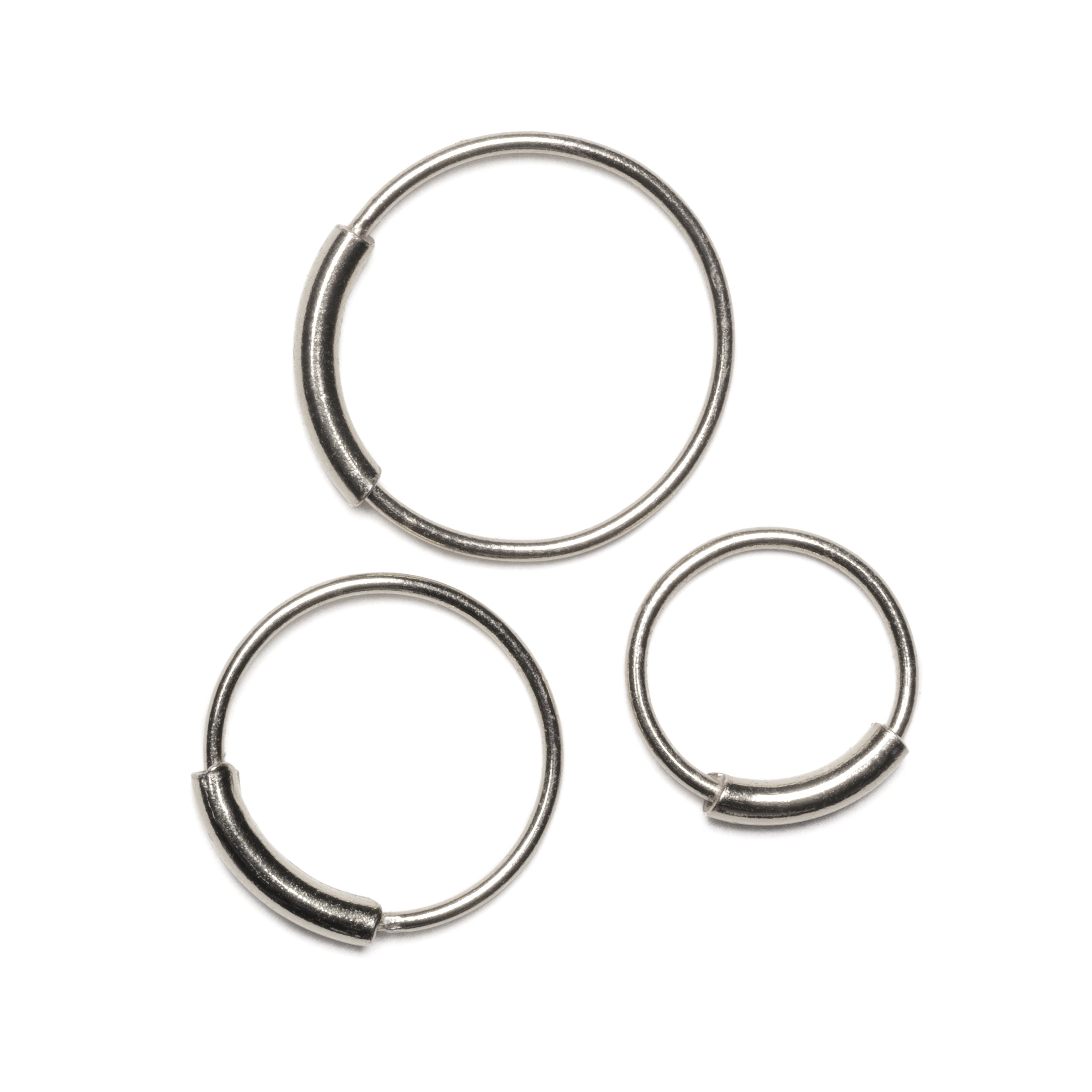 8, 10 and 12mm Pirate silver nose rings frontal view