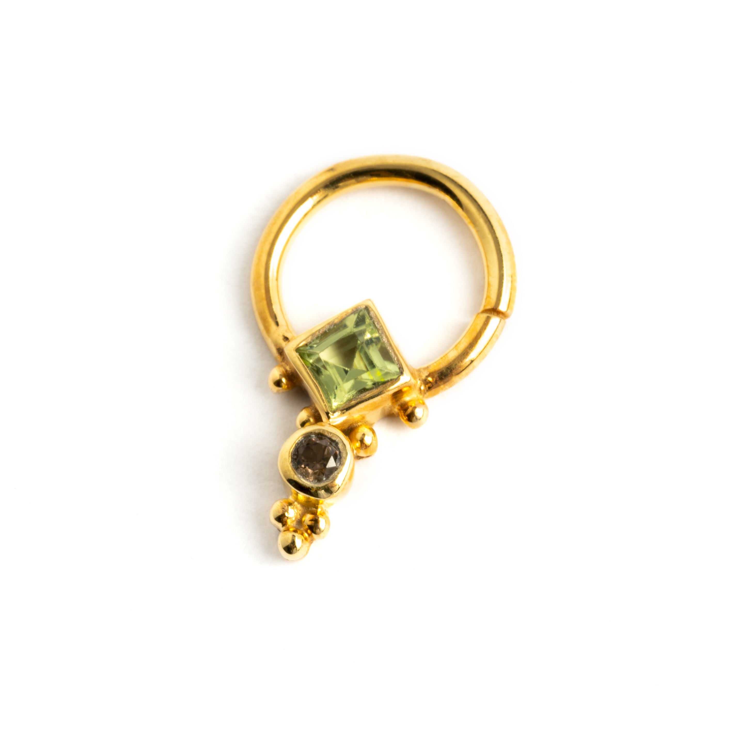 Rishi Gold Septum - Peridot and Smokey Quartz left side view