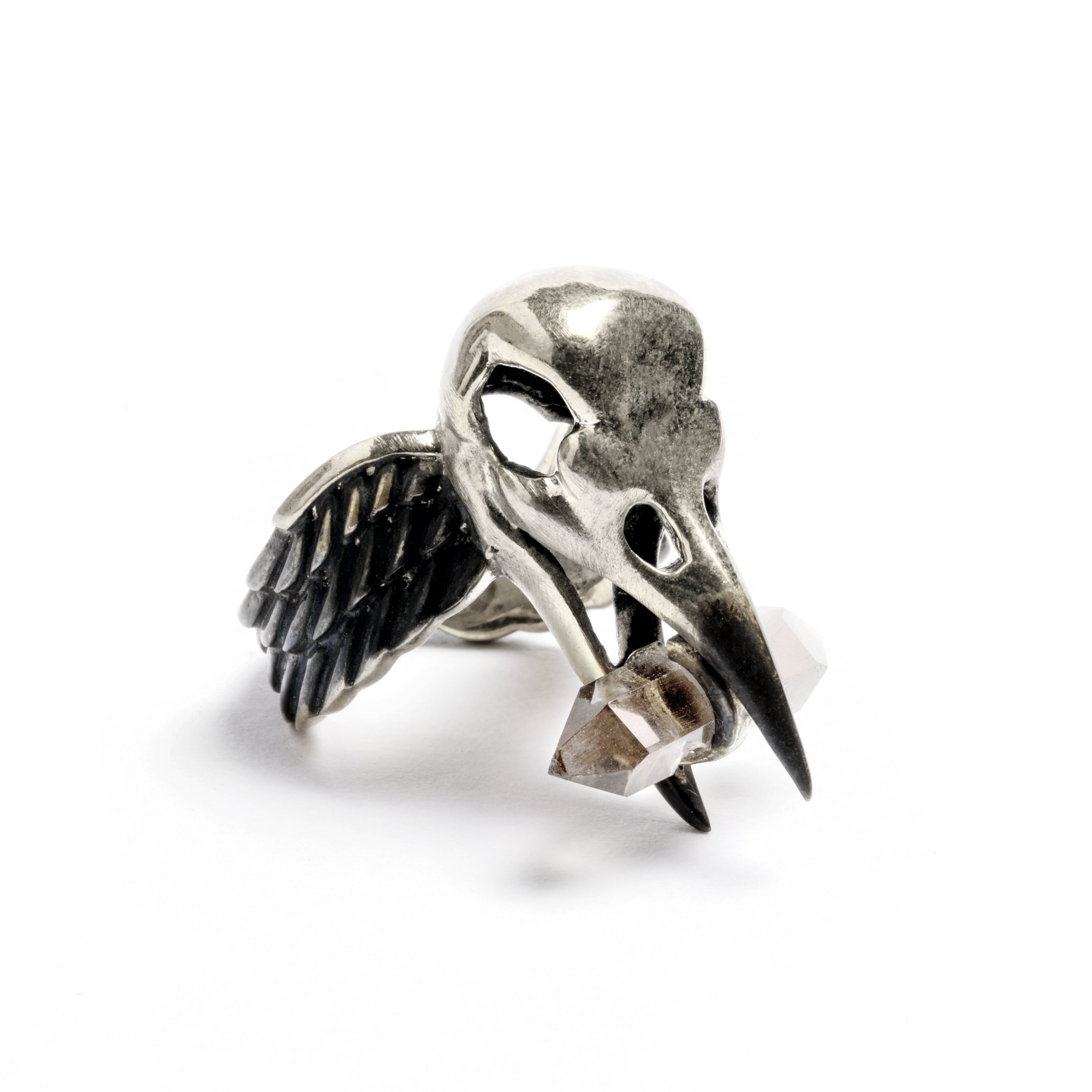 Raven Skull with Quartz Ring