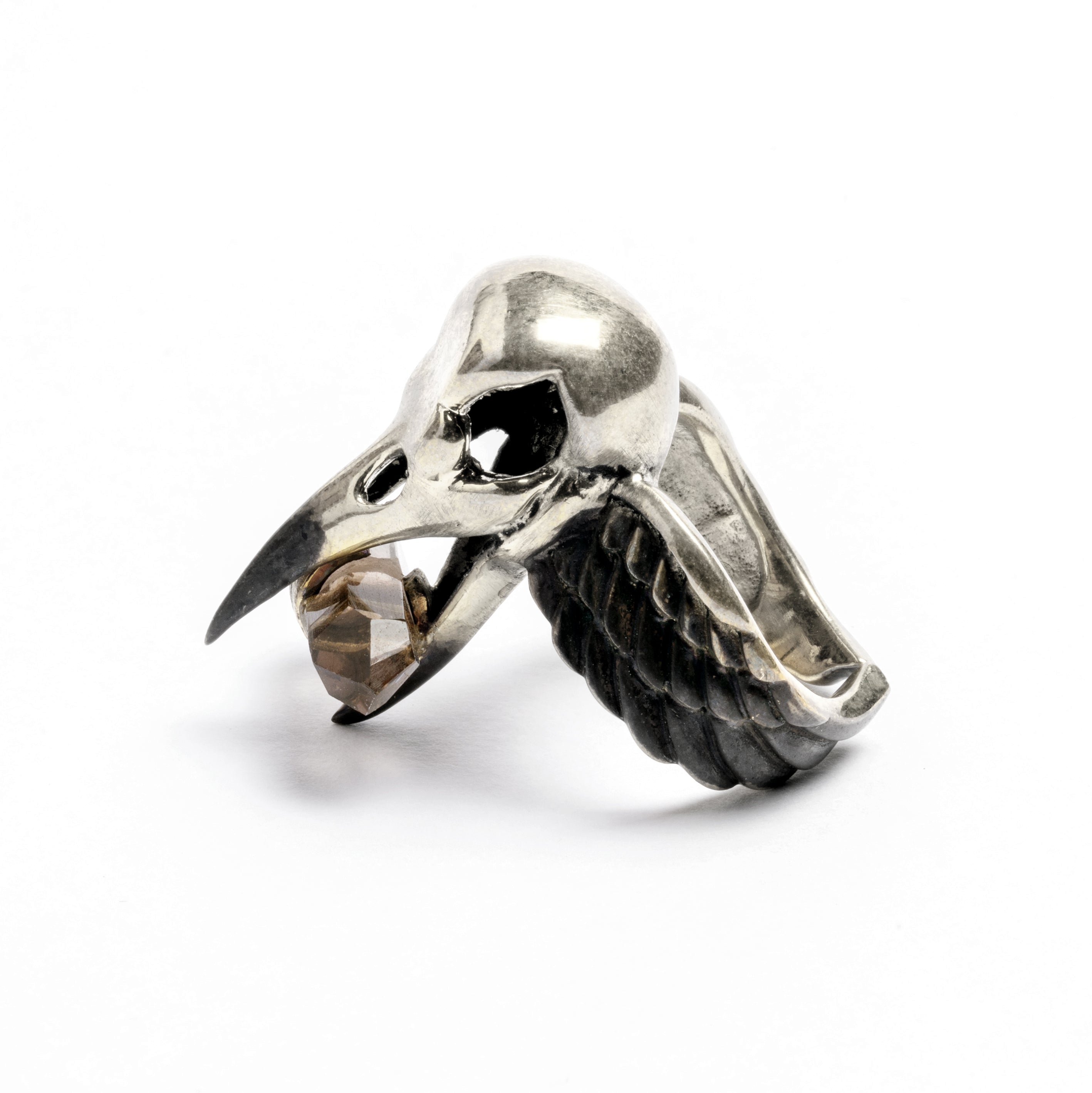 Raven Skull with Quartz Ring