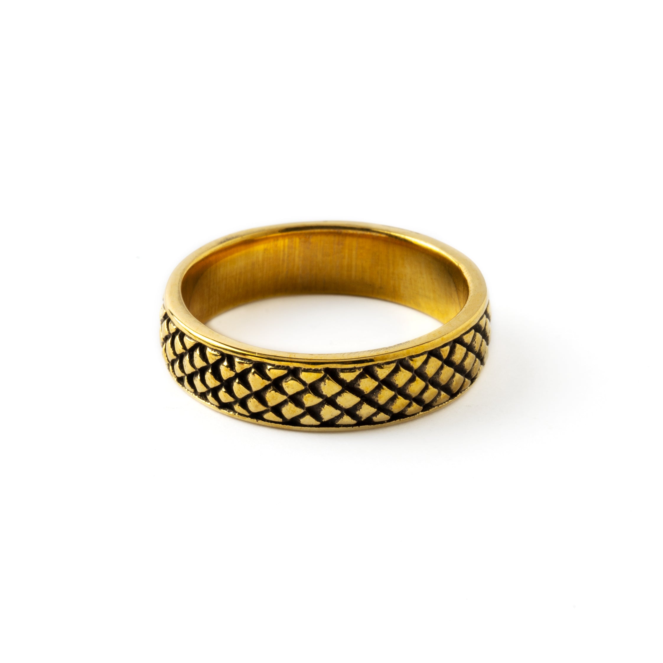 Rebirth- golden brass band ring with snake scales frontal view