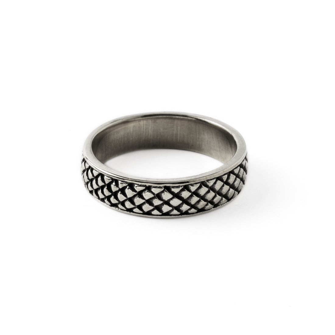Rebirth- silver band ring with snake scales frontal view