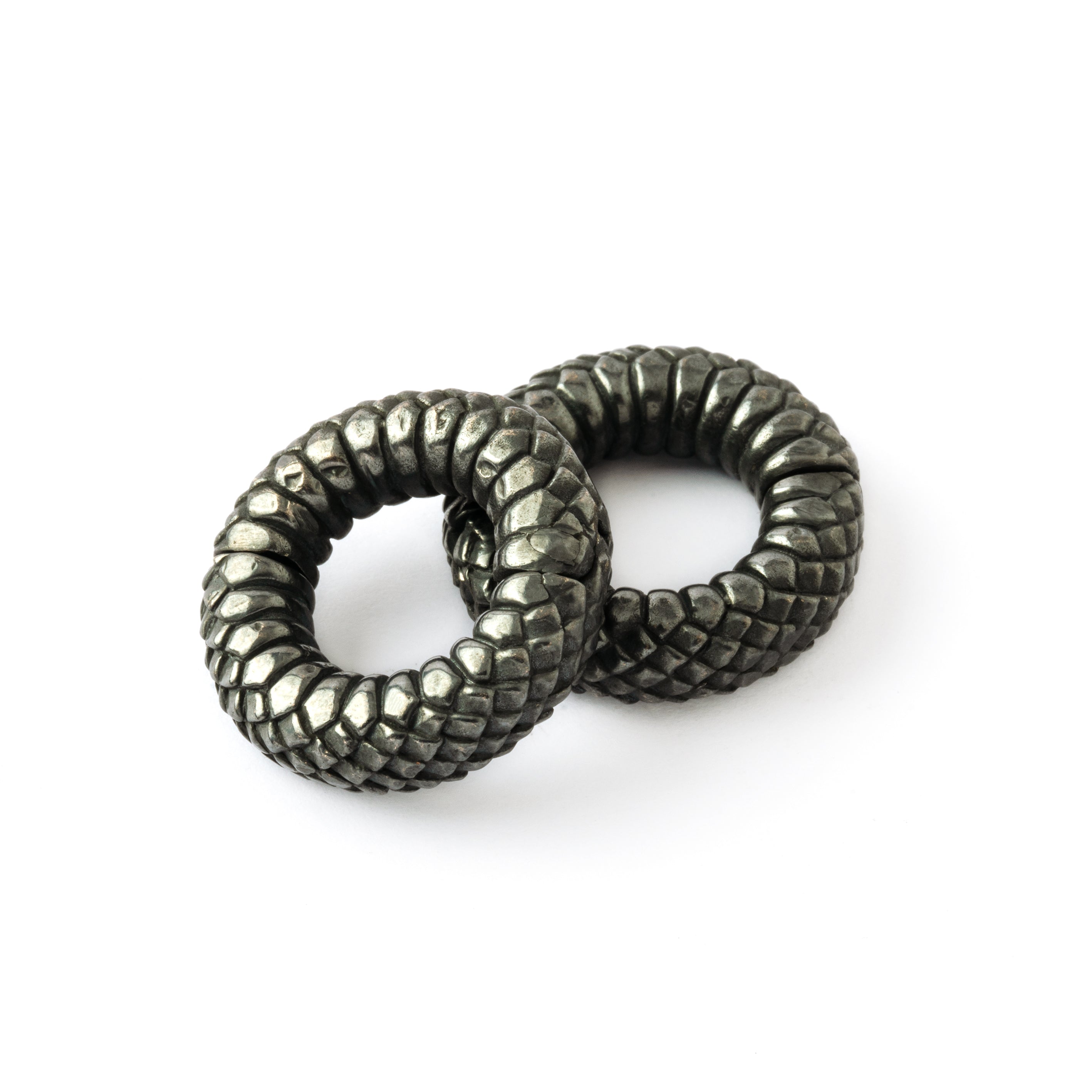 pair of black silver snake scales ear weight hoops side and front view