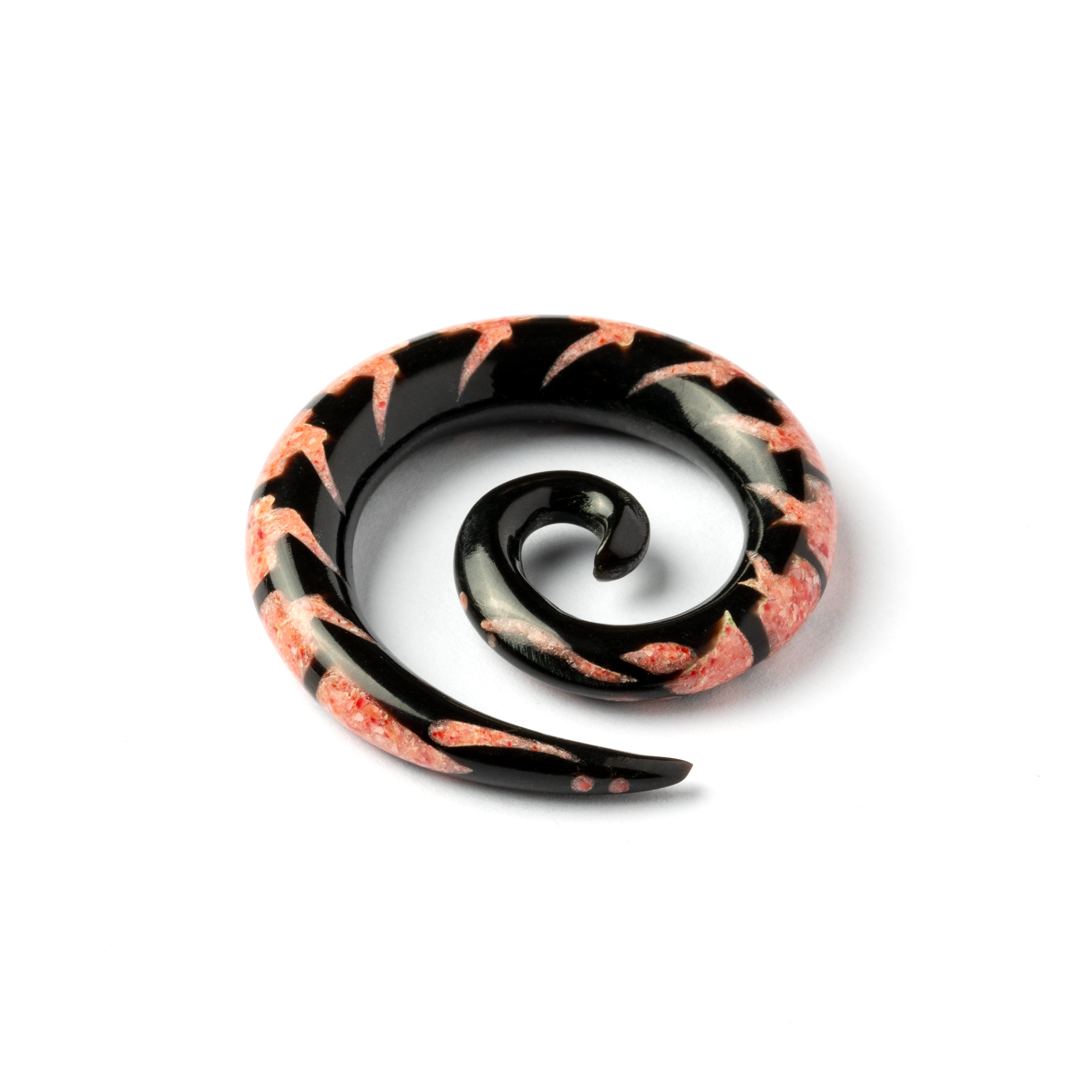 single spiral horn ear stretchers with centipede shaped red coral inlay back view