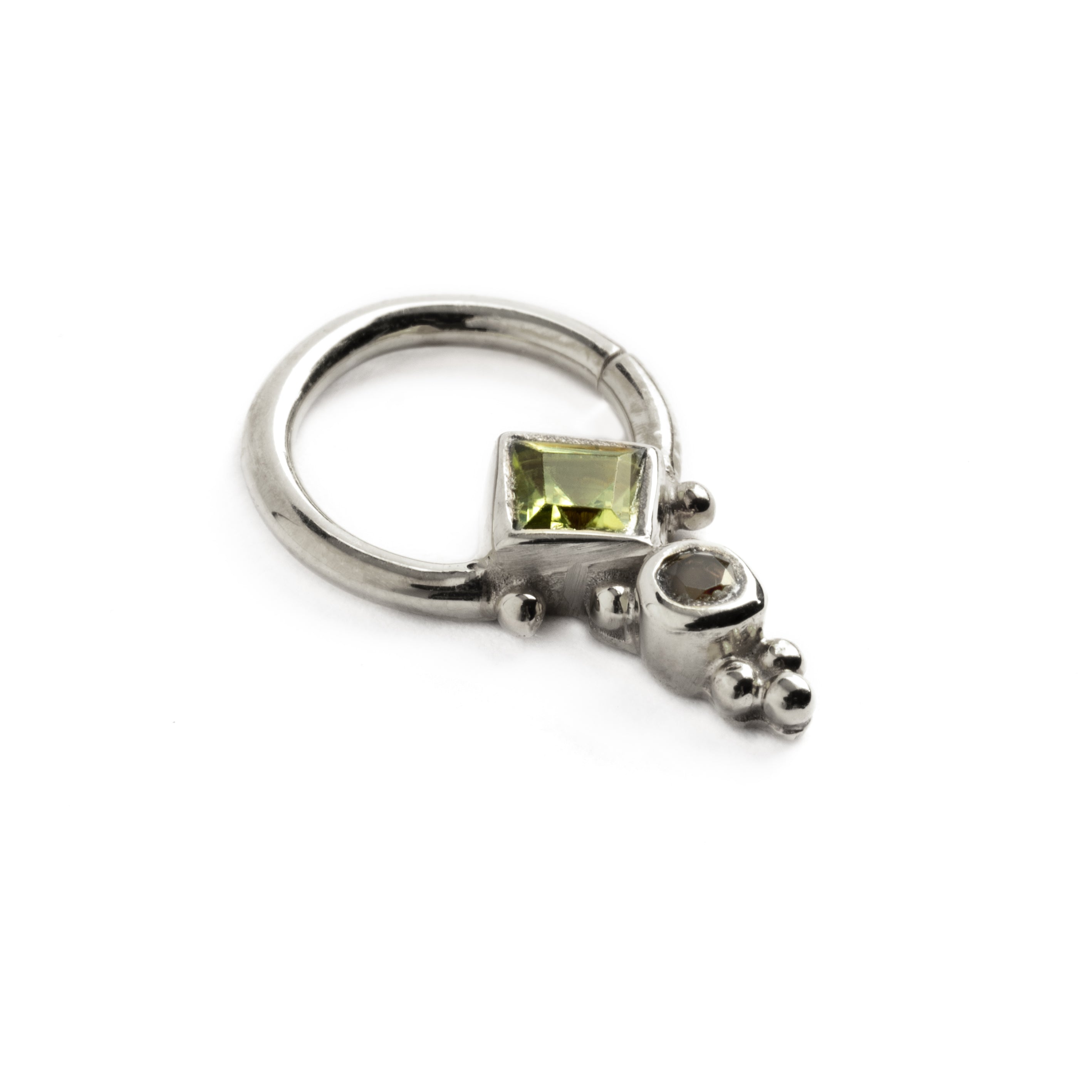 Rishi Silver Septum - Peridot and Smokey Quartz left side view