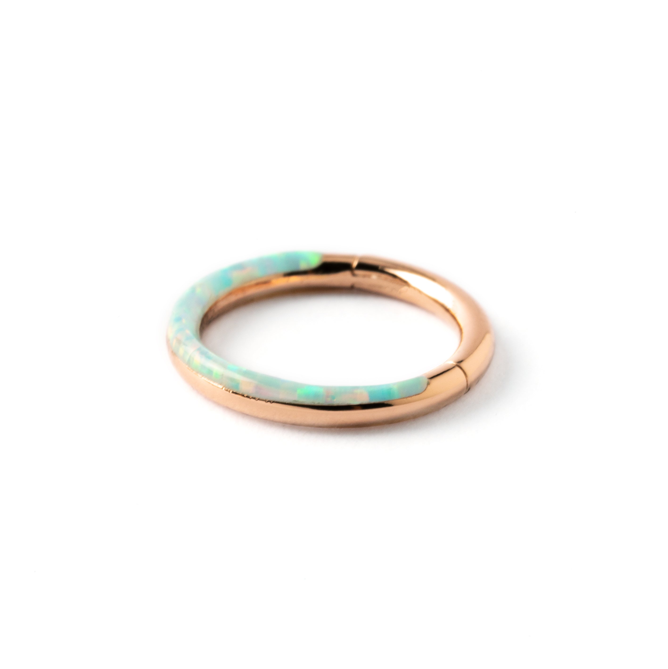 Rose Gold surgical steel septum clicker ring with white opal inlay side view