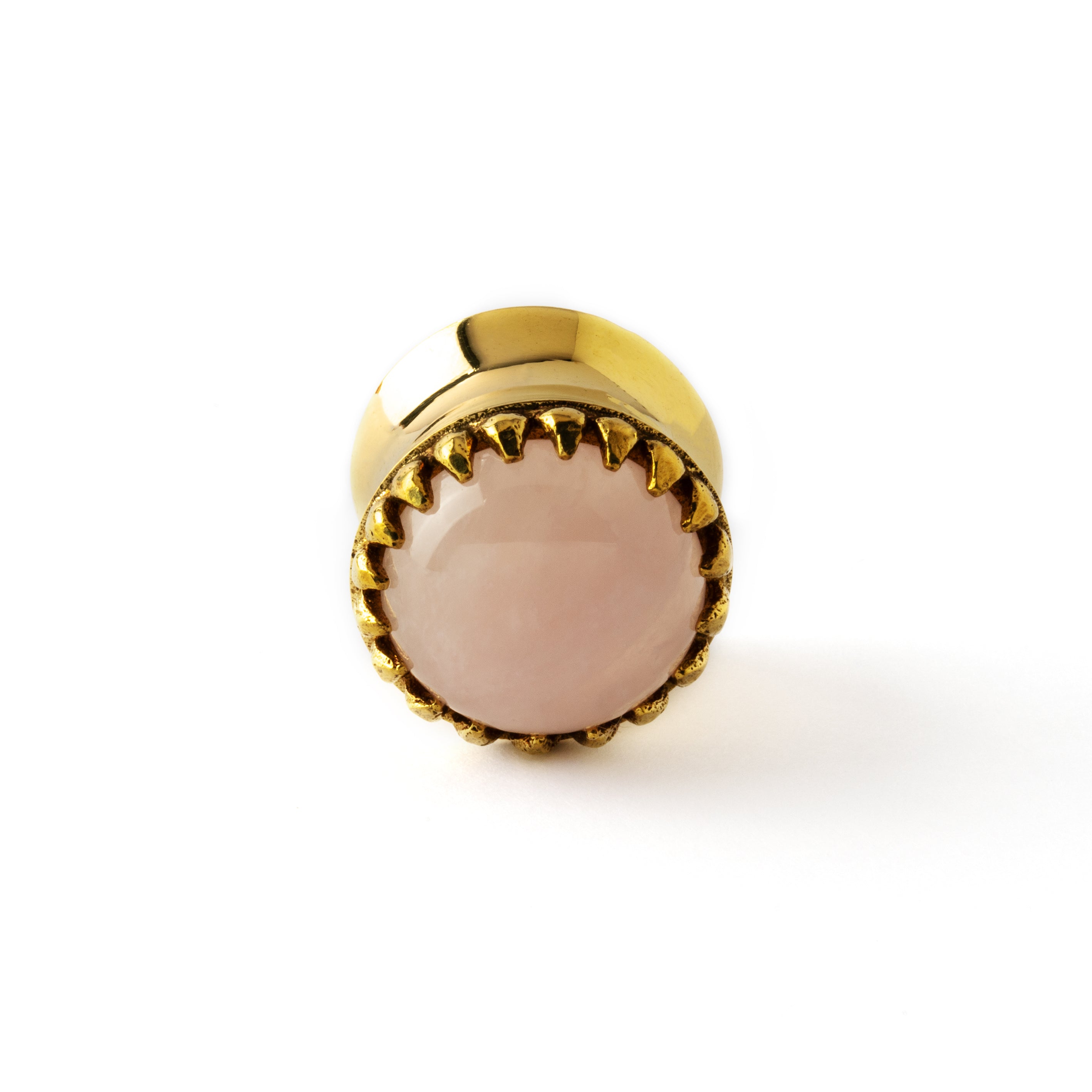 golden ear plug crown shaped with centred rose quartz front view