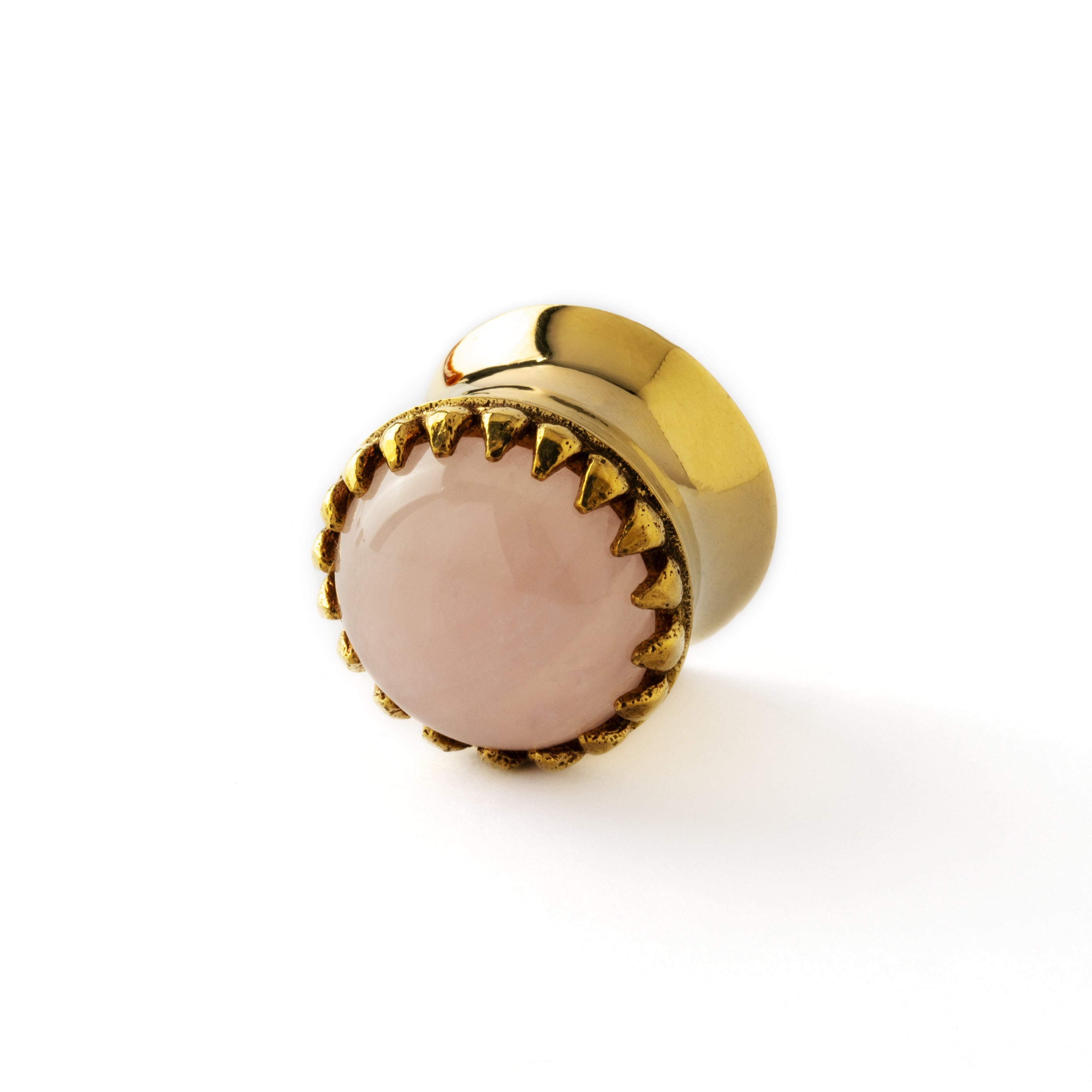 golden ear plug crown shaped with centred rose quartz left side