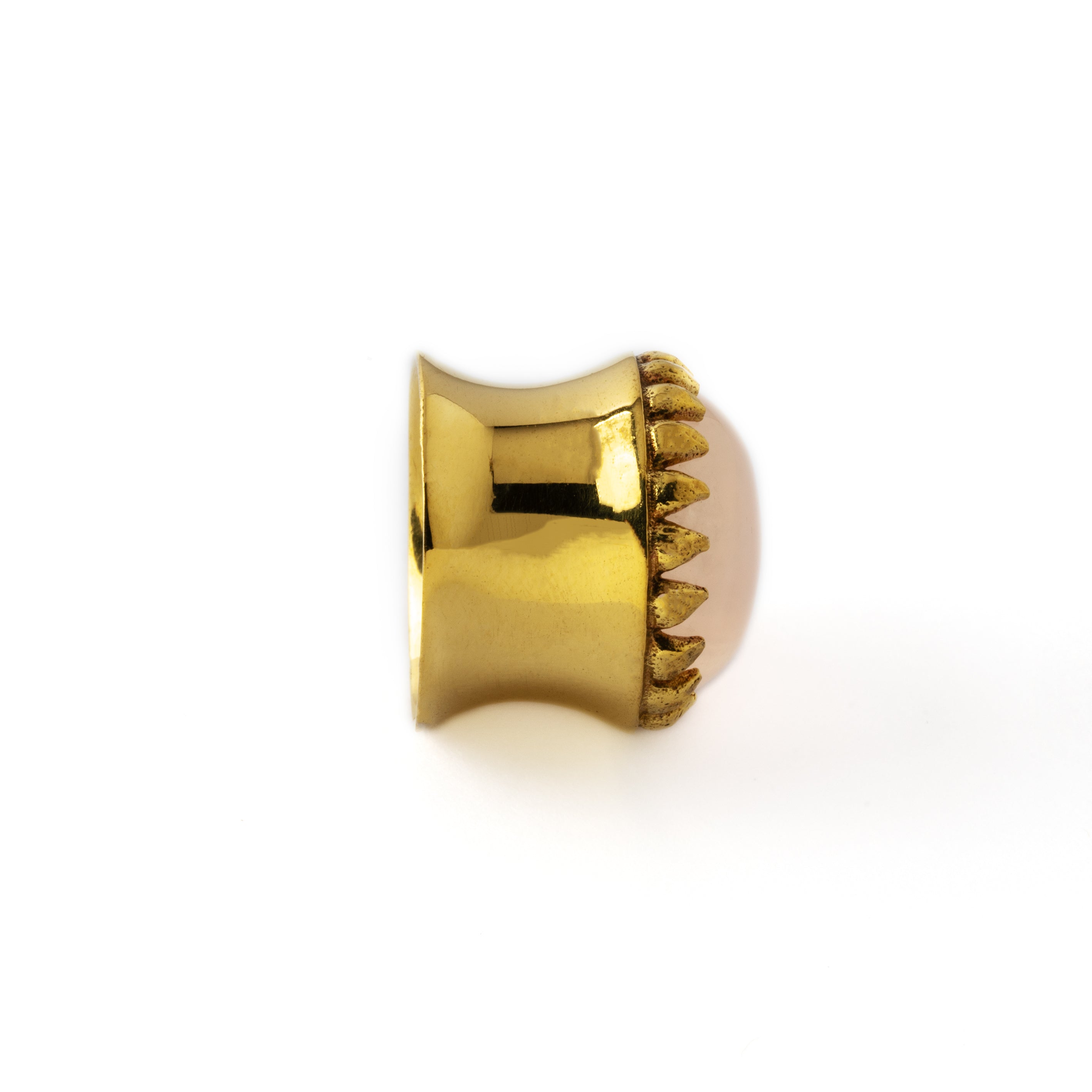 golden ear plug crown shaped with centred rose quartz side view