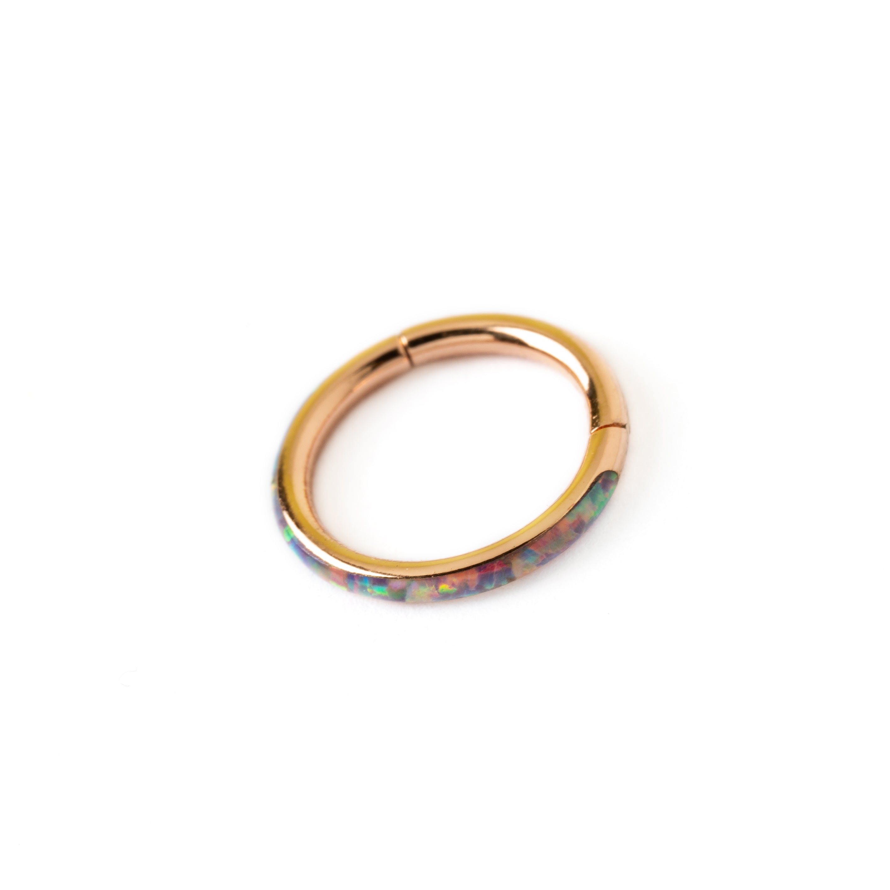 Rose Gold and Dark Opal clicker ring left side view