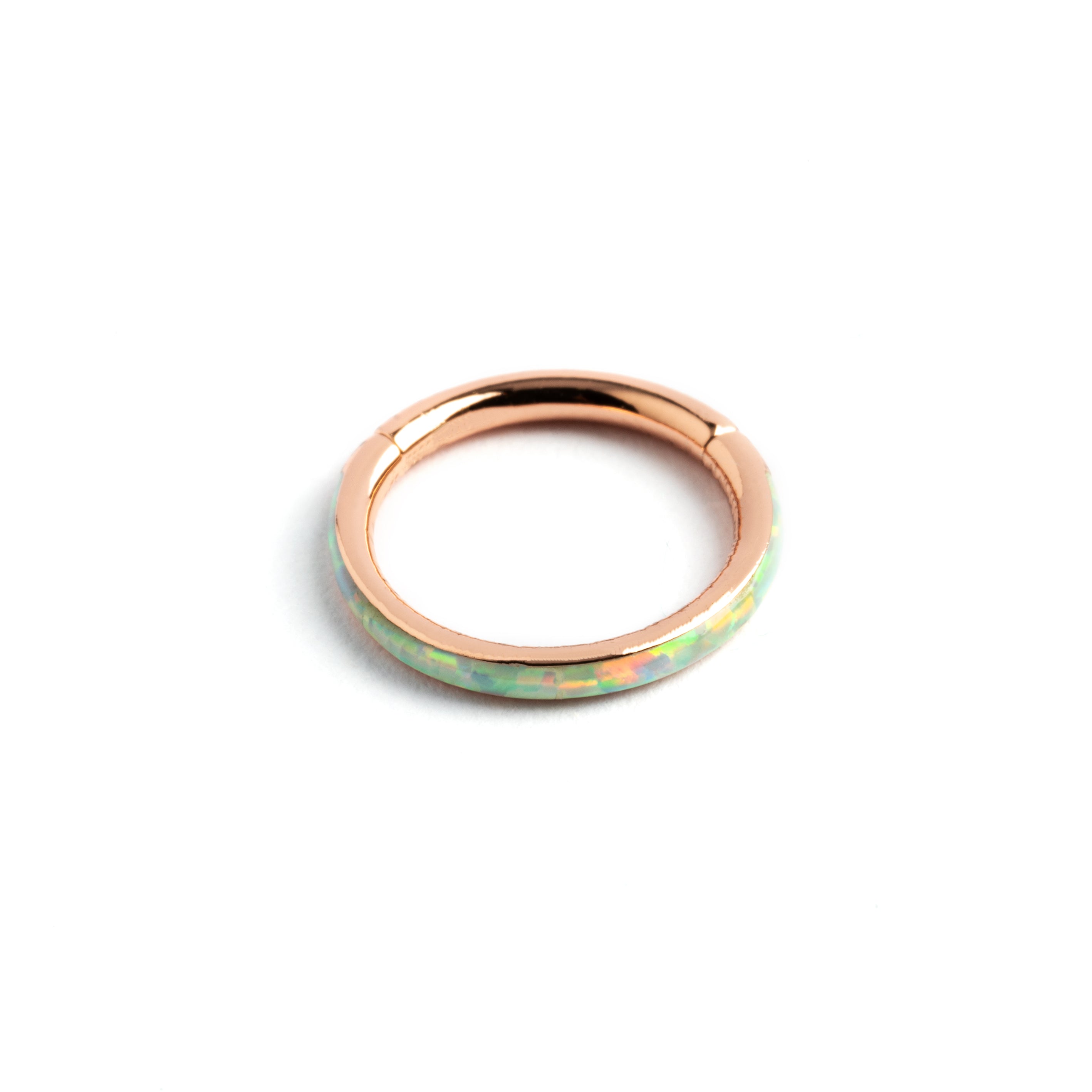 Rose Gold surgical steel septum clicker ring with white opal inlay frontal view