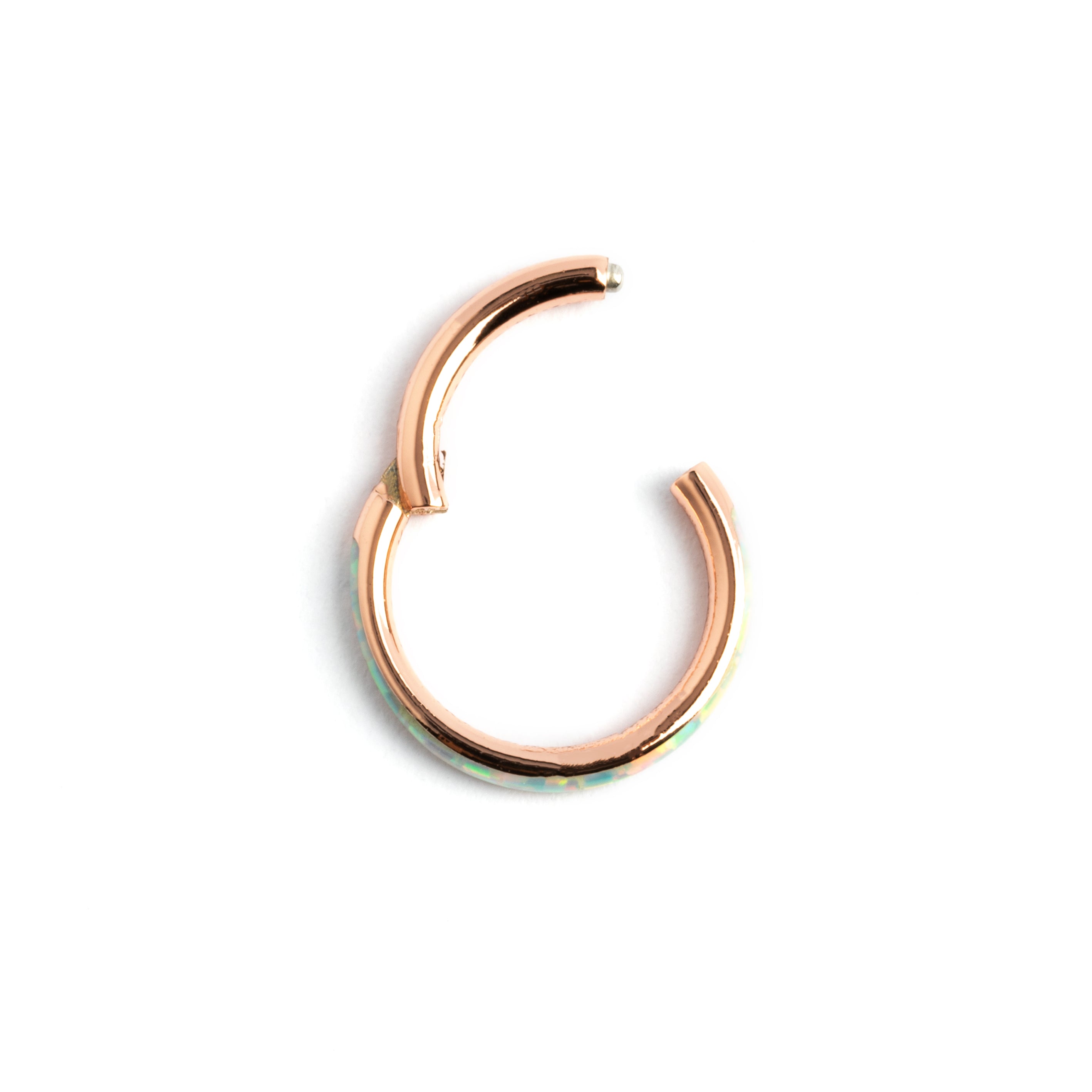Rose Gold surgical steel septum clicker ring with white opal inlay closure view