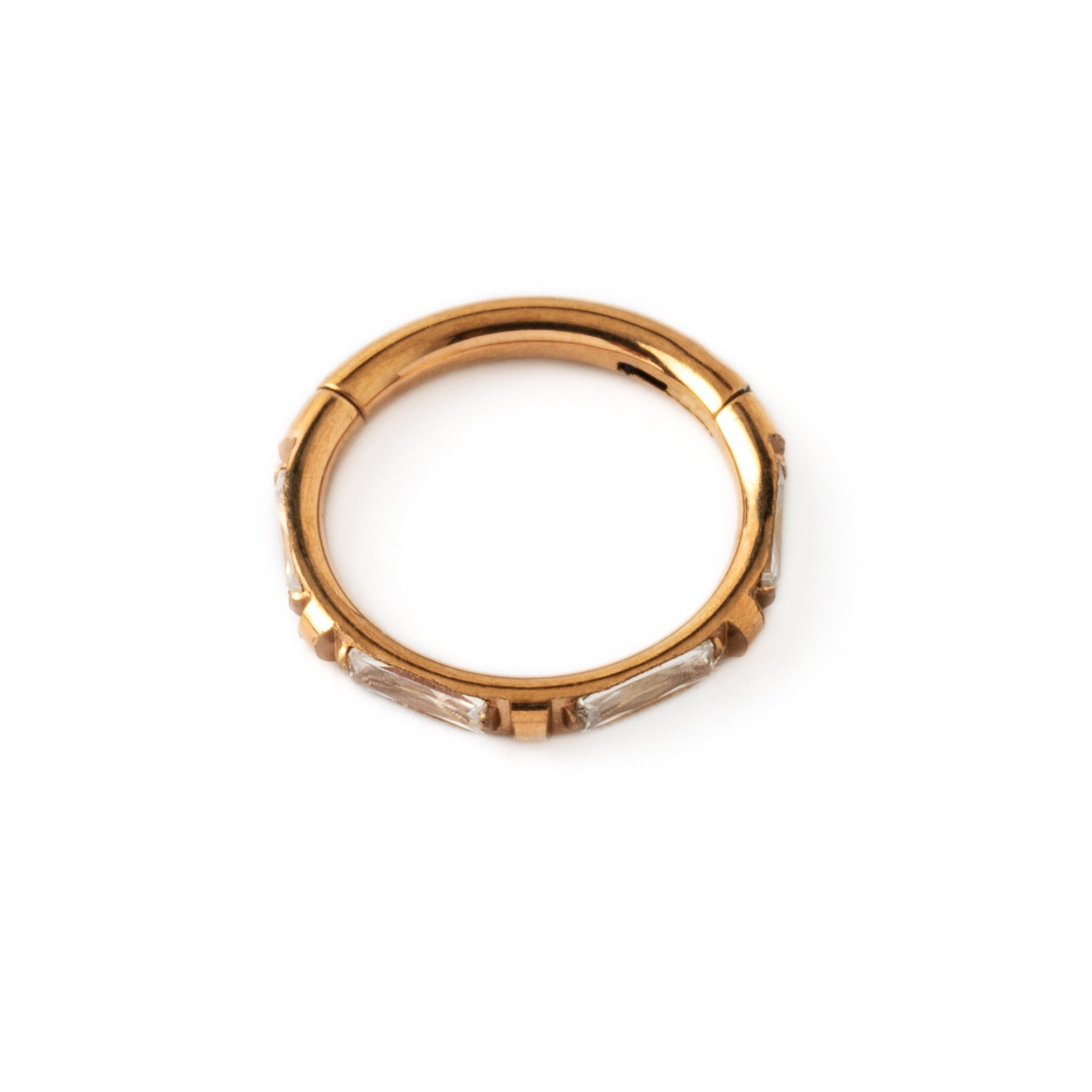 Rose Gold clicker ring with clear crystals inlay side view