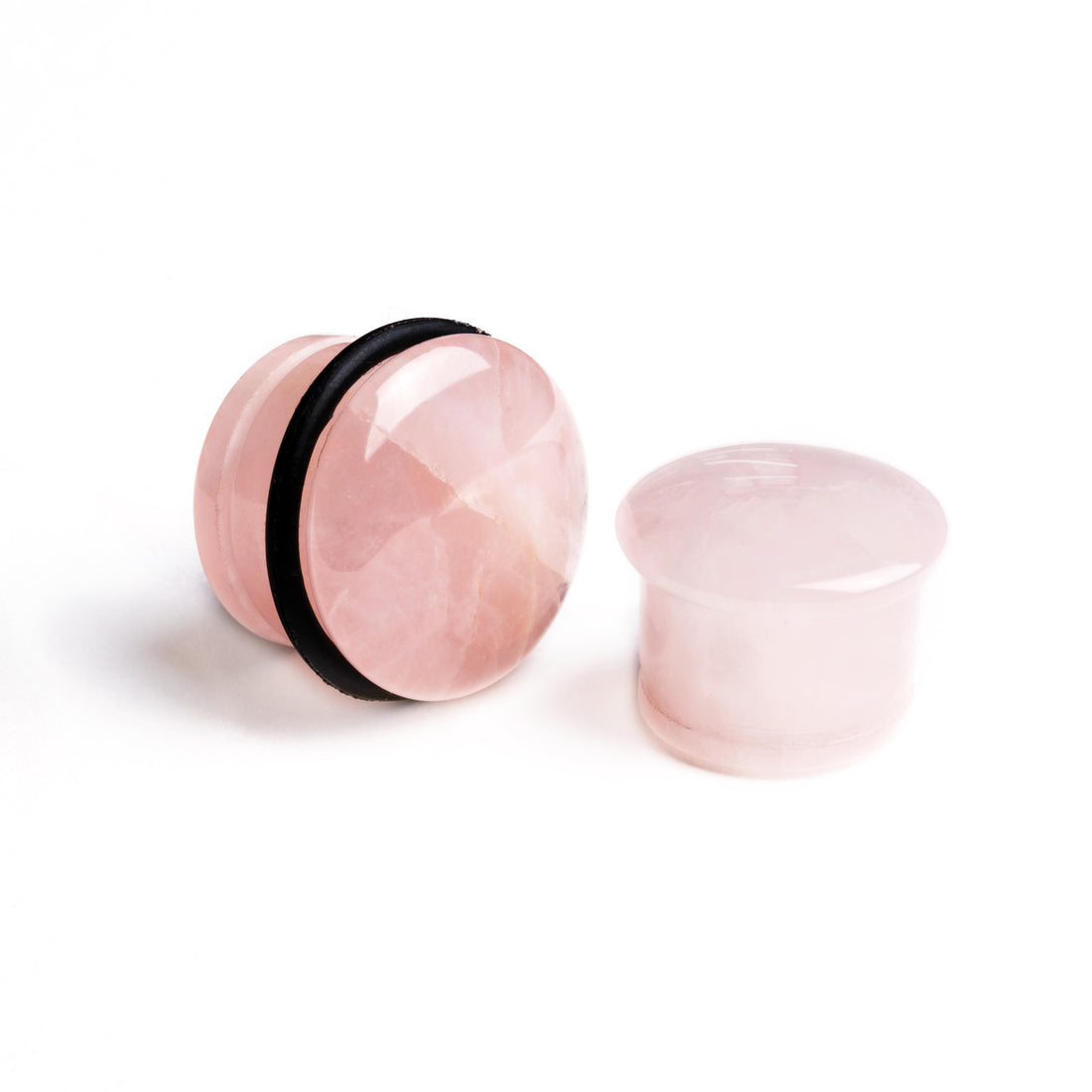 pair of single flare rose quartz stone ear plugs front and side view
