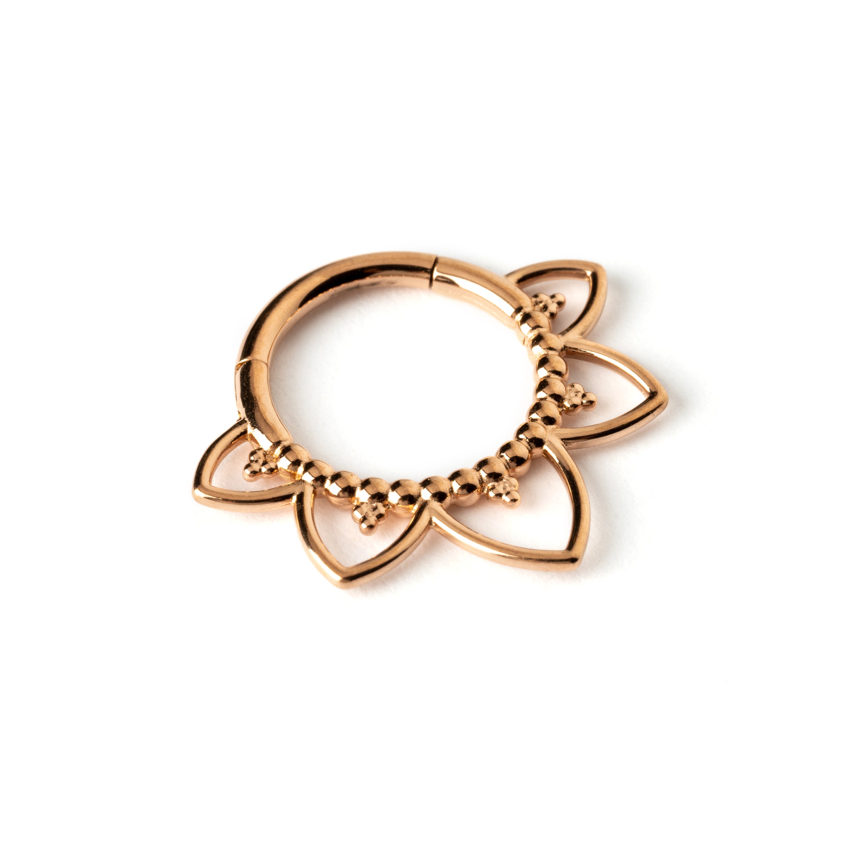 Iryia rose gold surgical steel open lotus septum clickers left side view