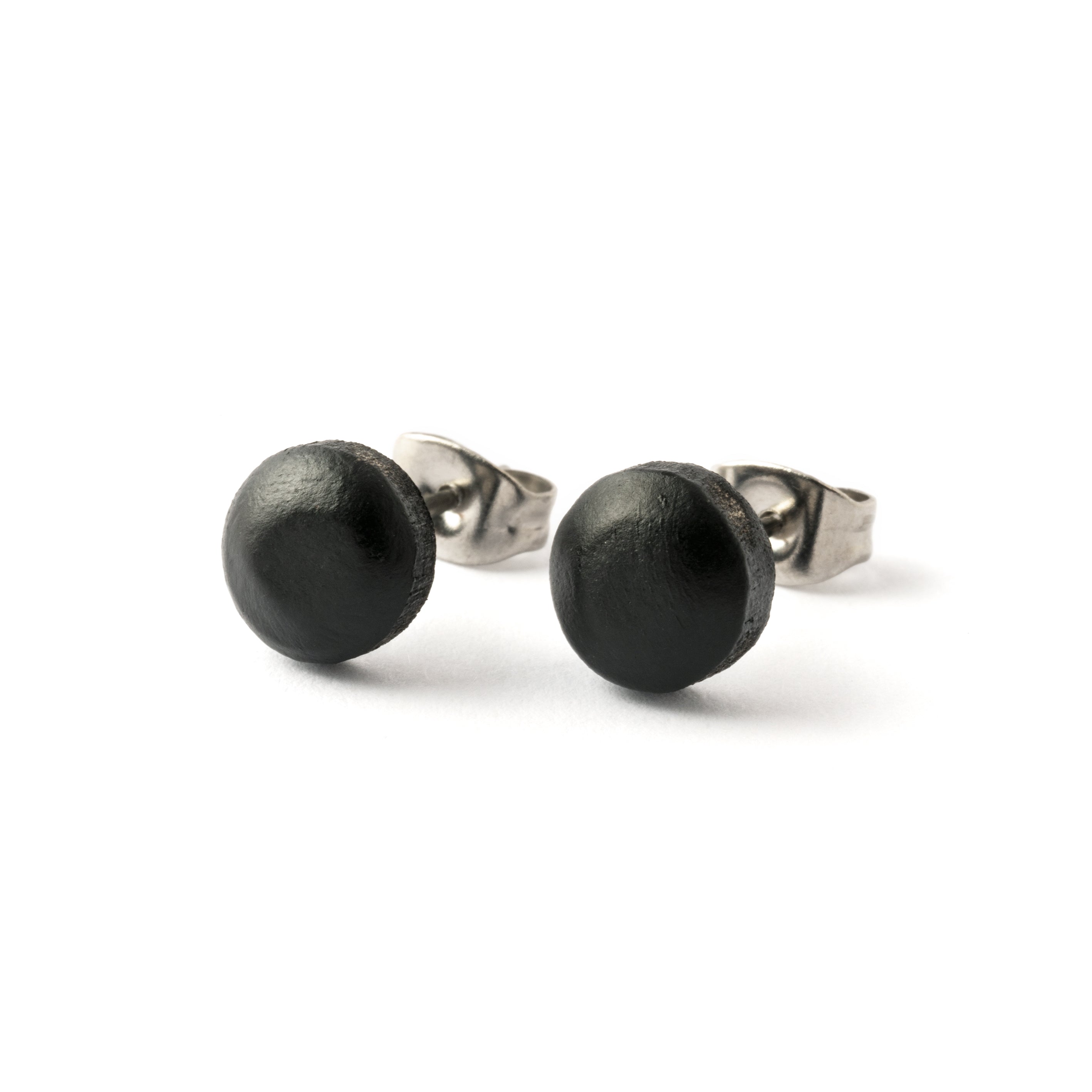 pair of black wood disc stud earrings right side view