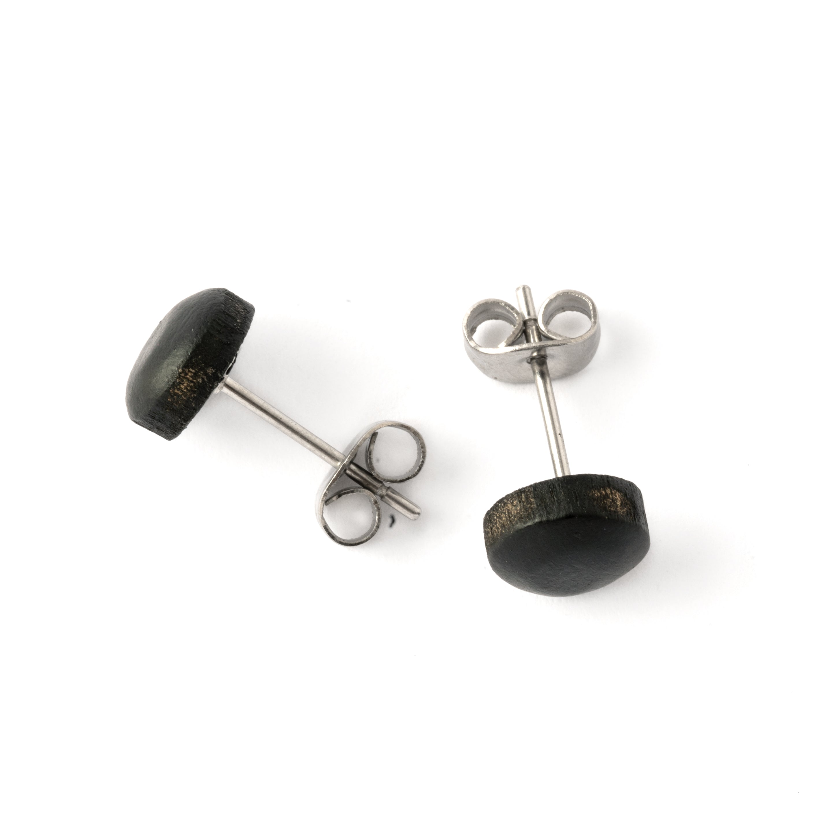 pair of black wood disc stud earrings side view