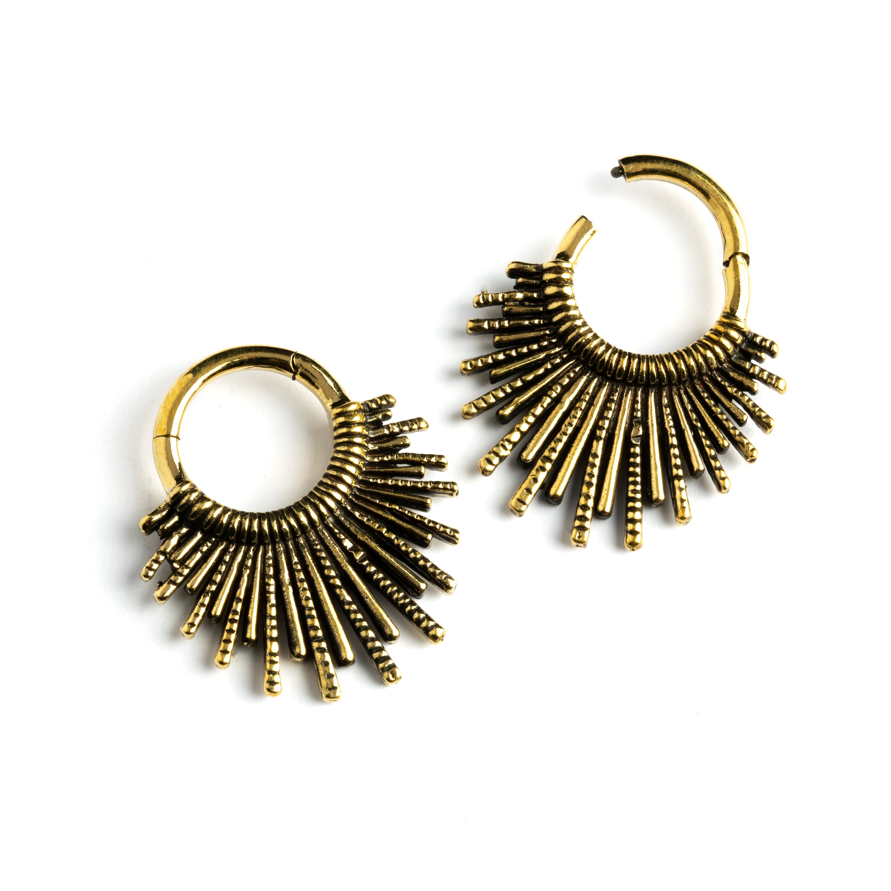 pair of gold brass tribal sun hoops hangers frontal locking system view
