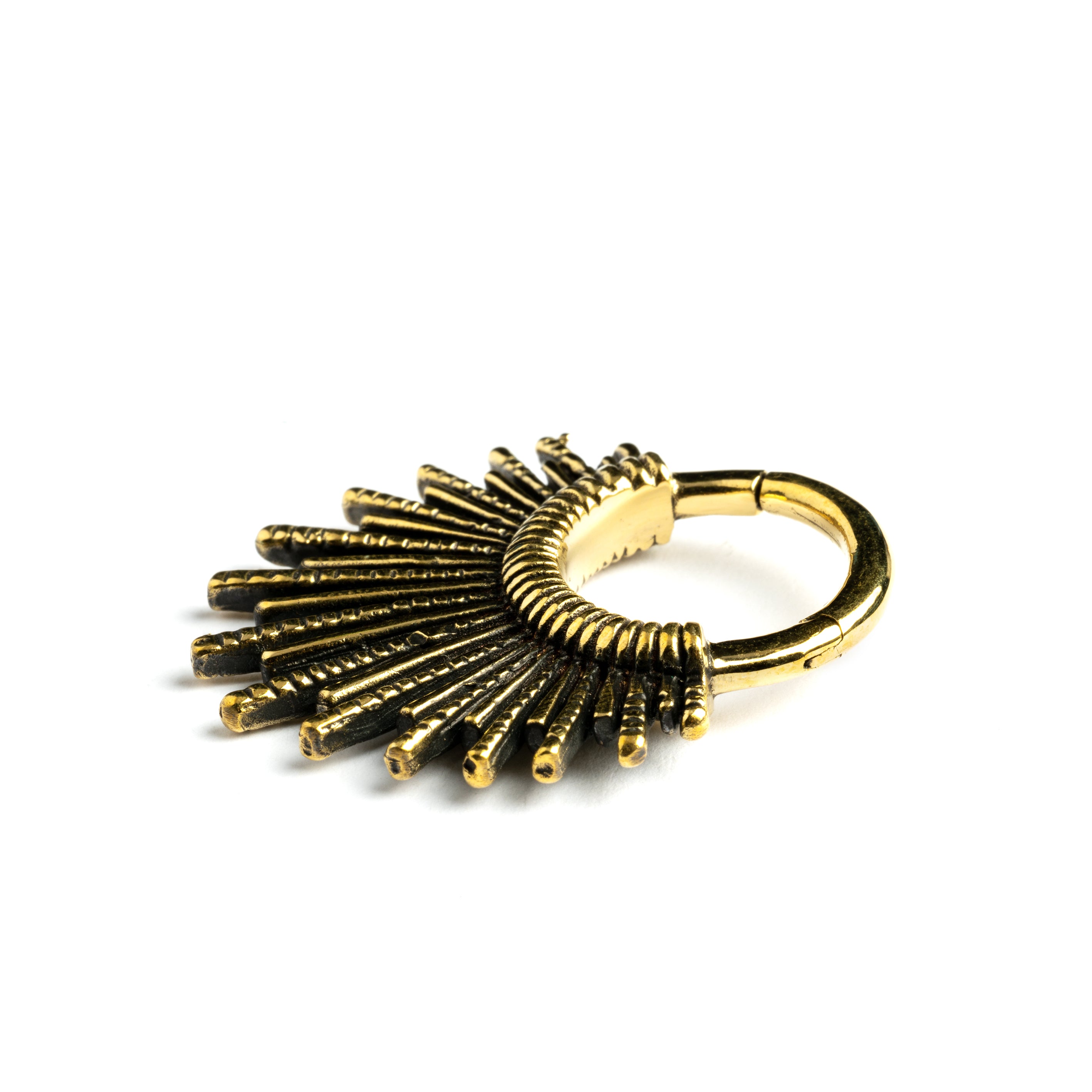 single gold brass tribal sun hoop hanger side close up view