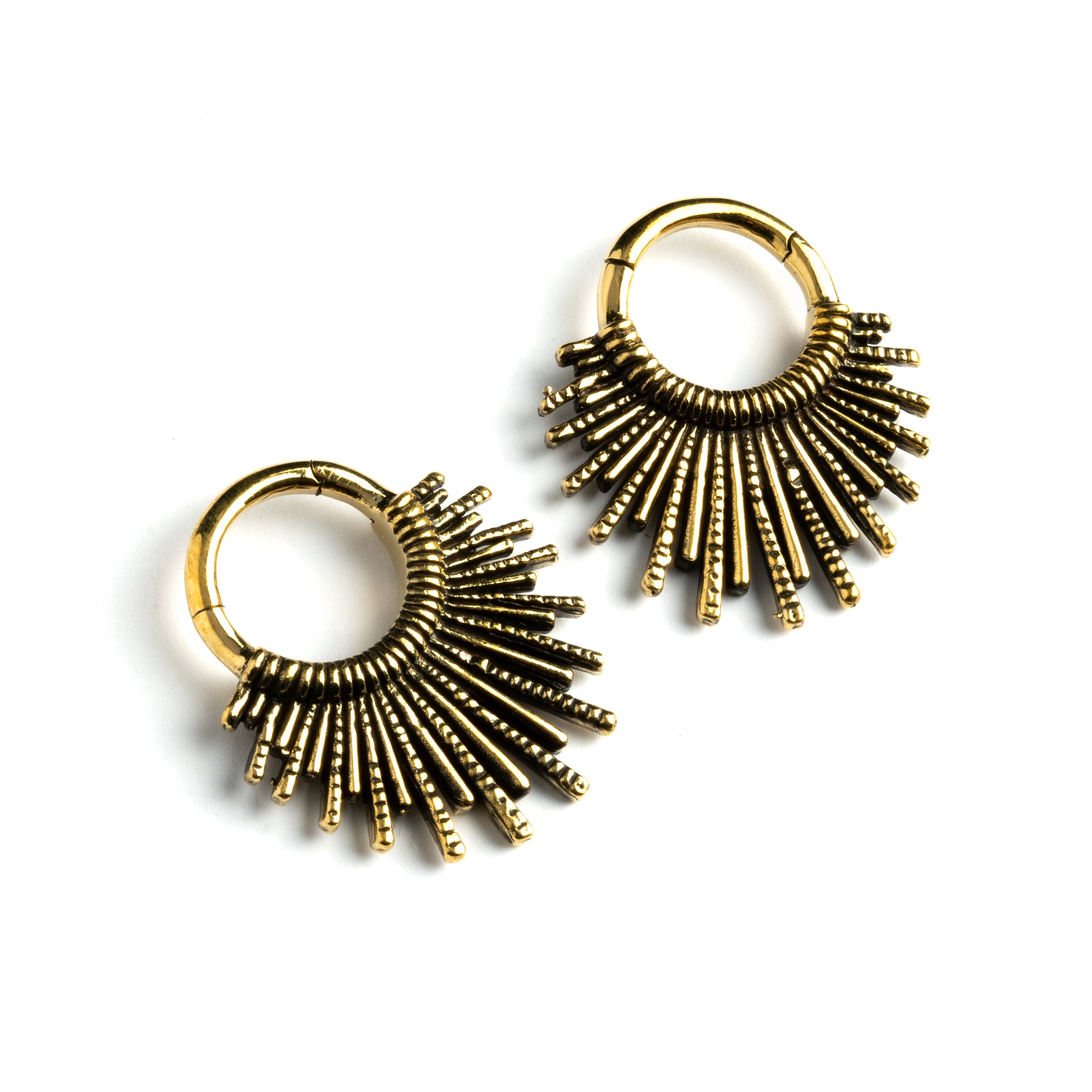 pair of gold brass tribal sun hoops hangers right front view
