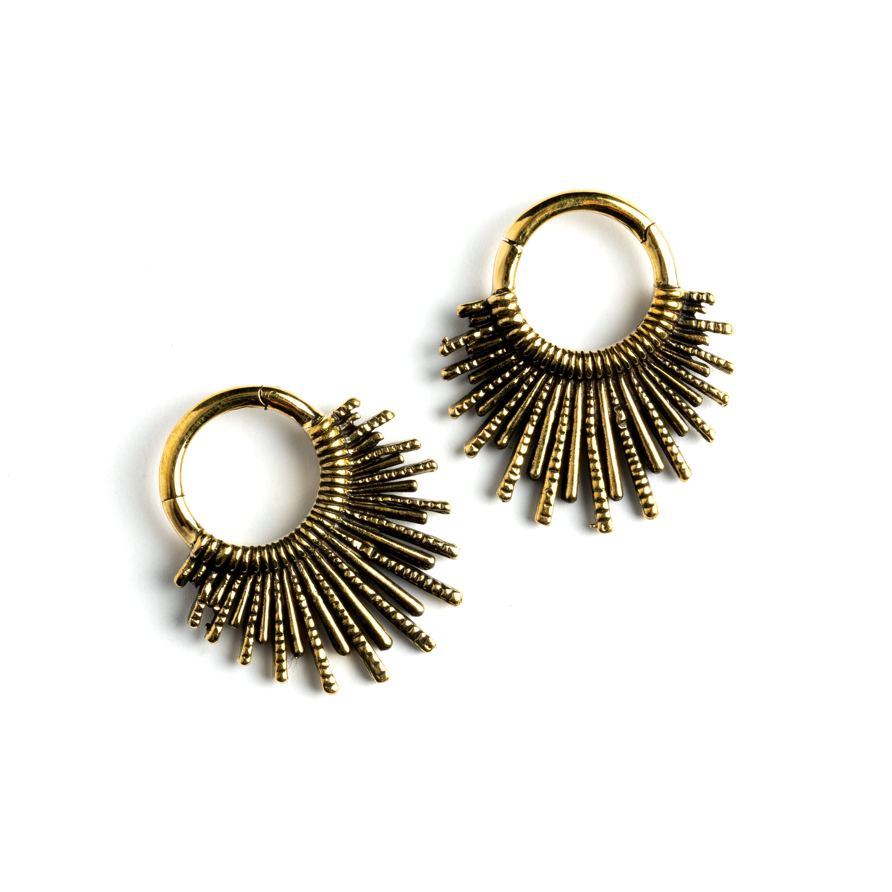 pair of gold brass tribal sun hoops hangers frontal view